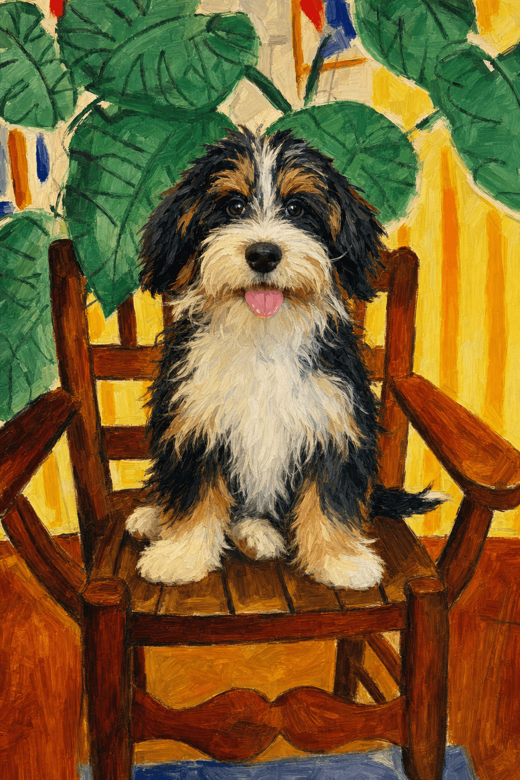 A pet sitting on a brown chair, looking at the viewer. Colors are applied with minimal blending, creating a flat, illustrative feel. The brushwork is broad, rapid, and direct. Strokes are loose, visible, applied thinly, defining the forms quickly without building up significant physical texture or impasto on the surface.
