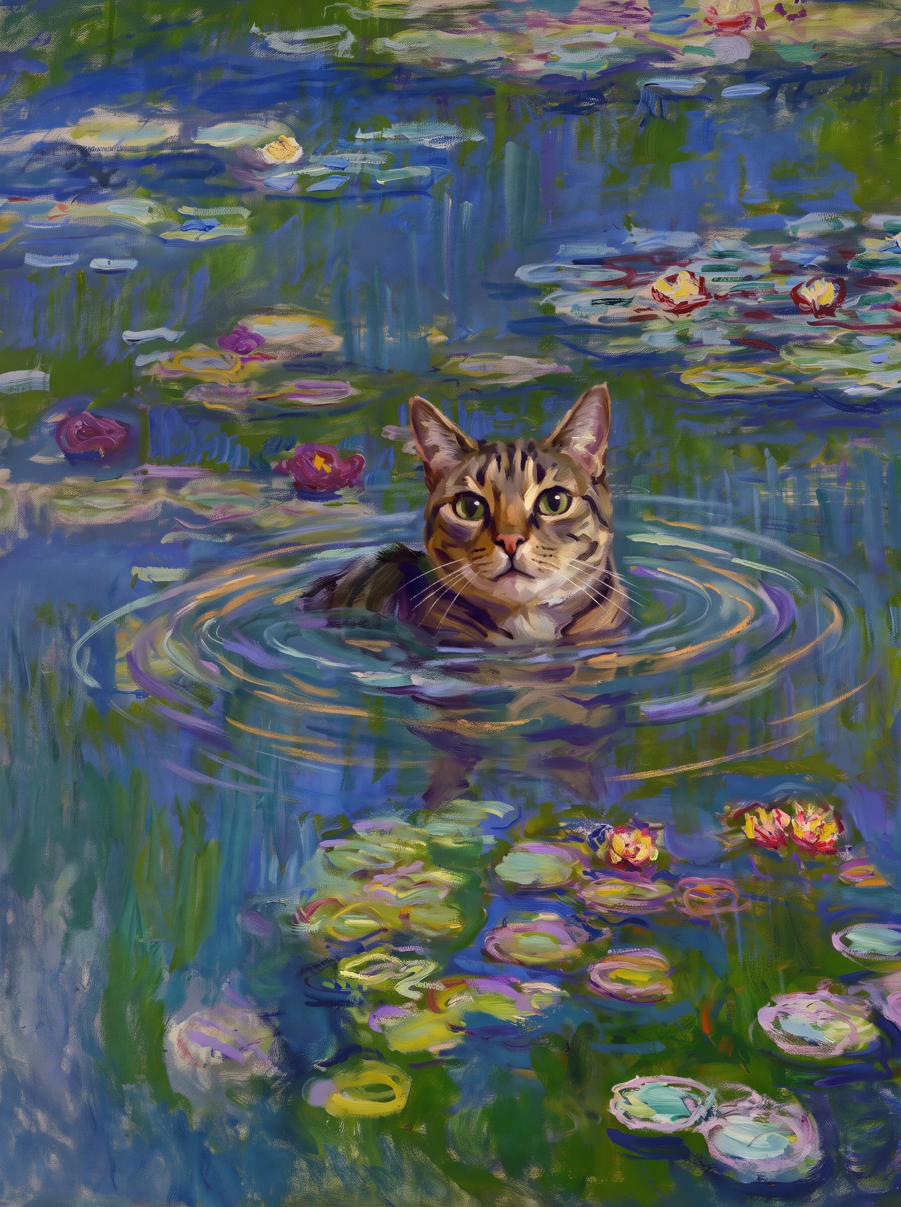 The pet should appear naturally integrated into the middle of the pond, swimming calmly through the water with only its head, upper neck, and a subtle suggestion of its back visible above the surface.
      The pet should be facing forward and looking directly at the viewer. Its wet fur should be suggested through painterly strokes.
      Blend the pet into the scene using Monet-like impressionist oil painting techniques: visible layered brushstrokes, soft broken color, blue-green reflections, violet shadows, golden-orange highlights, and shimmering ripples around the pet. 
      The water should partially obscure the pet’s body, with delicate circular ripples spreading outward. Nearby lily pads and water lilies should remain undisturbed but subtly interact with the ripples.
      The pet must feel like it was originally painted into the artwork, not pasted on top. Match the atmospheric softness, painterly texture, scale, perspective, and color harmony of the original Water Lilies painting. 
      Avoid photorealism, sharp outlines, modern digital effects, or excessive detail. The final image should look like a whimsical impressionist oil painting in the spirit of late Monet, with the pet quietly swimming among the lily pads at the center of the pond.
      Art Style: Paint in Fauvism, post-impressionism style. Use simplified shapes, exaggerates color, and flattens perspective to create charm and personality.
Use saturated, non-naturalistic colors and flattened perspective reminiscent of Henri Matisse.
The brushwork is loose, visible, and painterly, with uneven strokes that give the surface texture and movement.
Paint with large areas of flat color patches, simplified shapes, bold decorative outlines, and minimal blending.
The composition is flattened and slightly distorted, with compressed perspective.
The painting is expressive, utilizing thick, confident strokes and quick, rhythmic marks that prioritize texture and visual energy over realistic blending or depth.