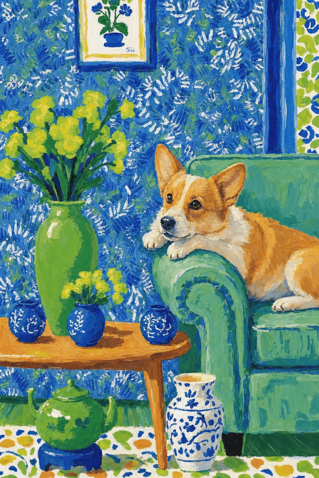 A pet lazy lying on the couch, with head tilt on the edge of couch, eye looking at the the vase. paint in post-impressionism style. Use saturated, non-naturalistic colors and flattened perspective reminiscent of Henri Matisse. painterly and expressive, utilizing thick, confident strokes and quick, rhythmic marks that prioritize texture and visual energy over realistic blending or depth.