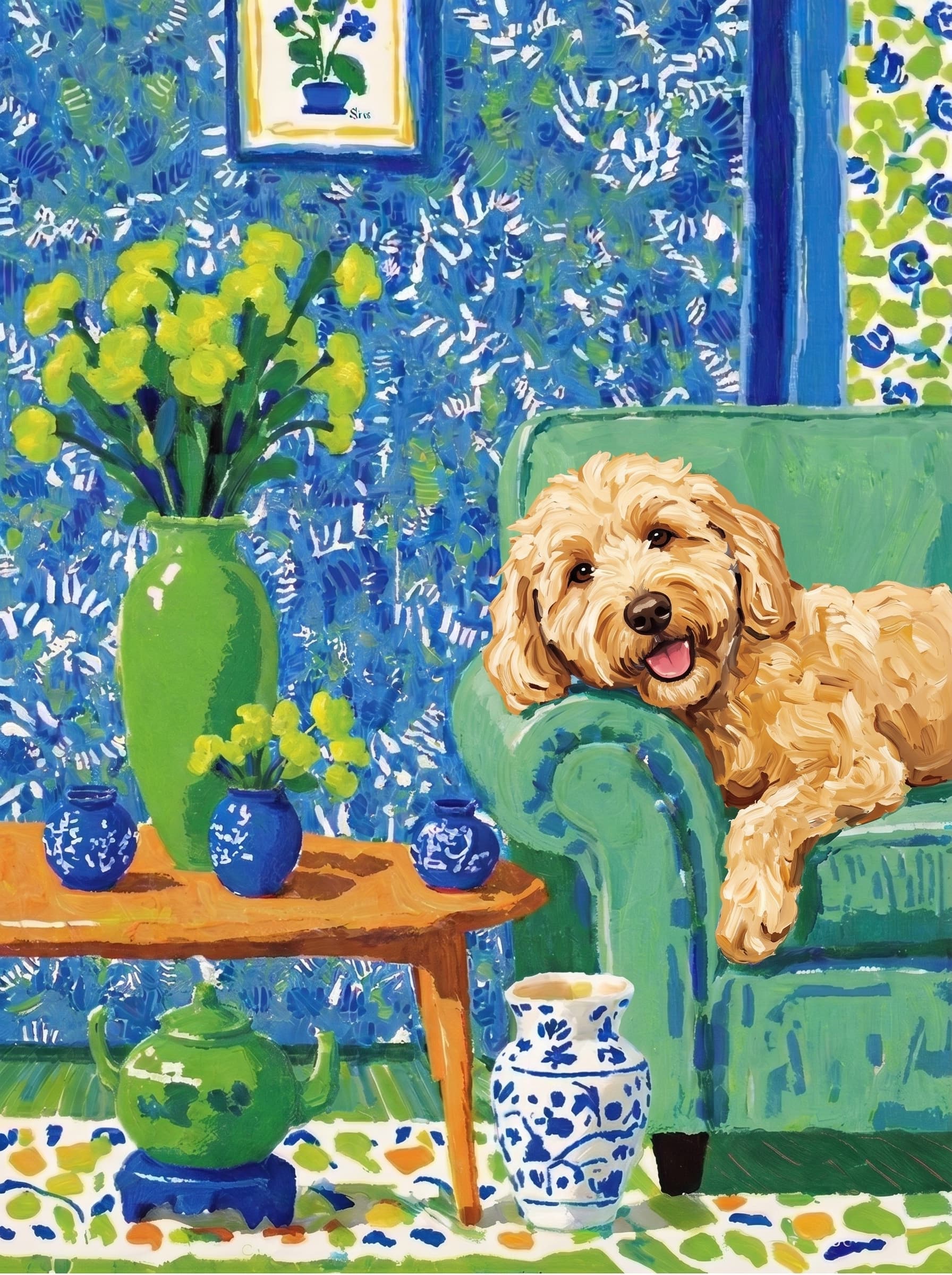 A pet lazy lying on the couch, with head tilt on the edge of couch, eye looking at the the vase. paint in post-impressionism style. Use saturated, non-naturalistic colors and flattened perspective reminiscent of Henri Matisse. painterly and expressive, utilizing thick, confident strokes and quick, rhythmic marks that prioritize texture and visual energy over realistic blending or depth.