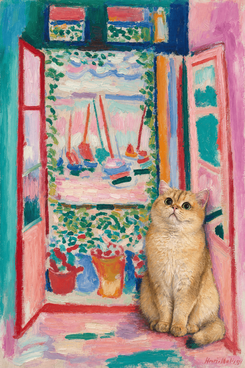 A pet sitting on the right bottom frame of an open door, with its back to the opening while facing the room, looking at the viewer, slight leaning on the right-side door panel. Paint in post-impressionism style. Use loosely painted, vibrantly colored, stylized, vertical painting.
