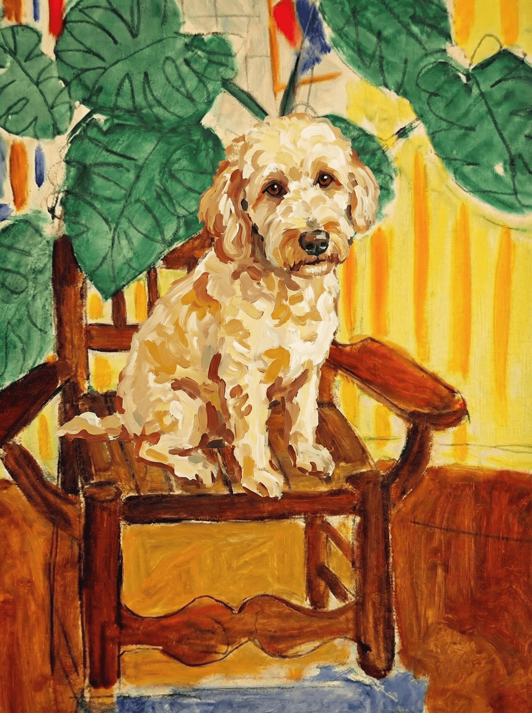A pet sitting on a brown chair, looking at the viewer. Colors are applied with minimal blending, creating a flat, illustrative feel. The brushwork is broad, rapid, and direct. Strokes are loose, visible, applied thinly, defining the forms quickly without building up significant physical texture or impasto on the surface.