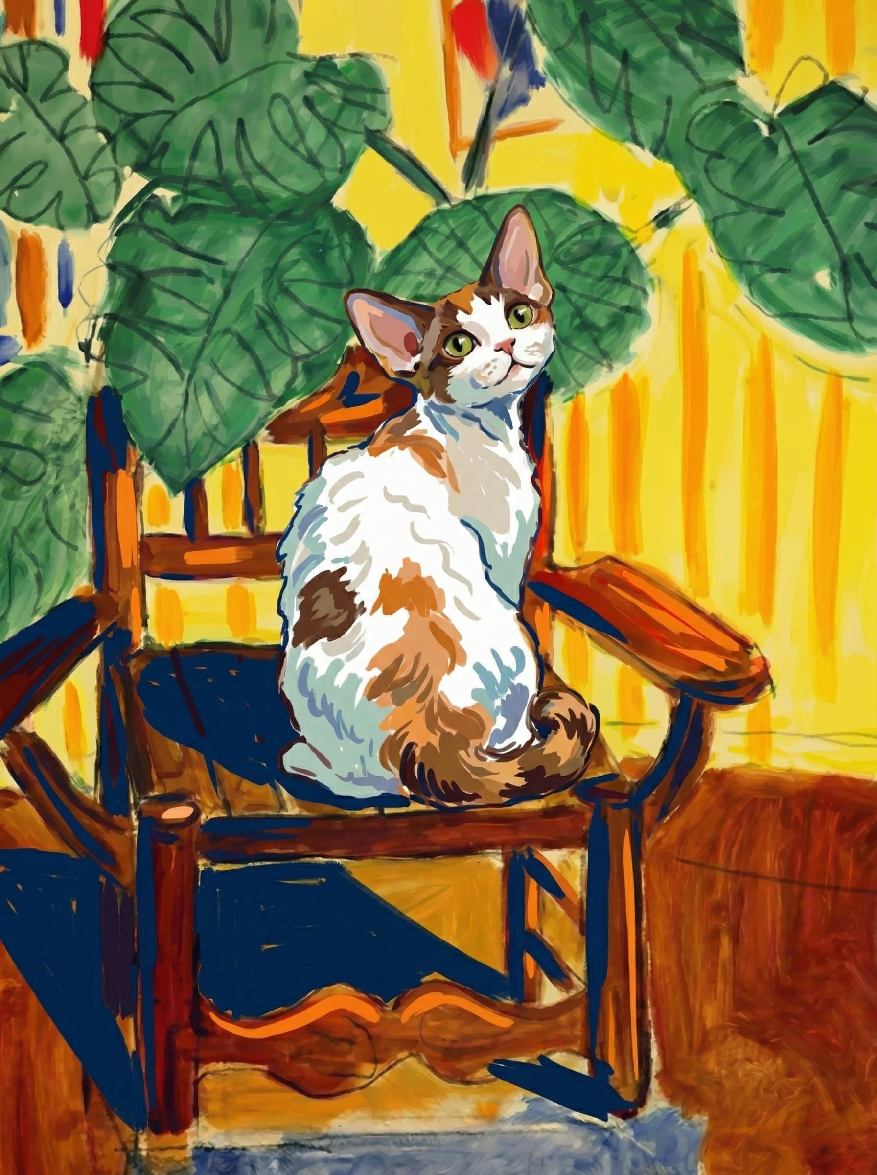 A pet sitting on a brown chair, looking at the viewer. Colors are applied with minimal blending, creating a flat, illustrative feel. The brushwork is broad, rapid, and direct. Strokes are loose, visible, applied thinly, defining the forms quickly without building up significant physical texture or impasto on the surface.