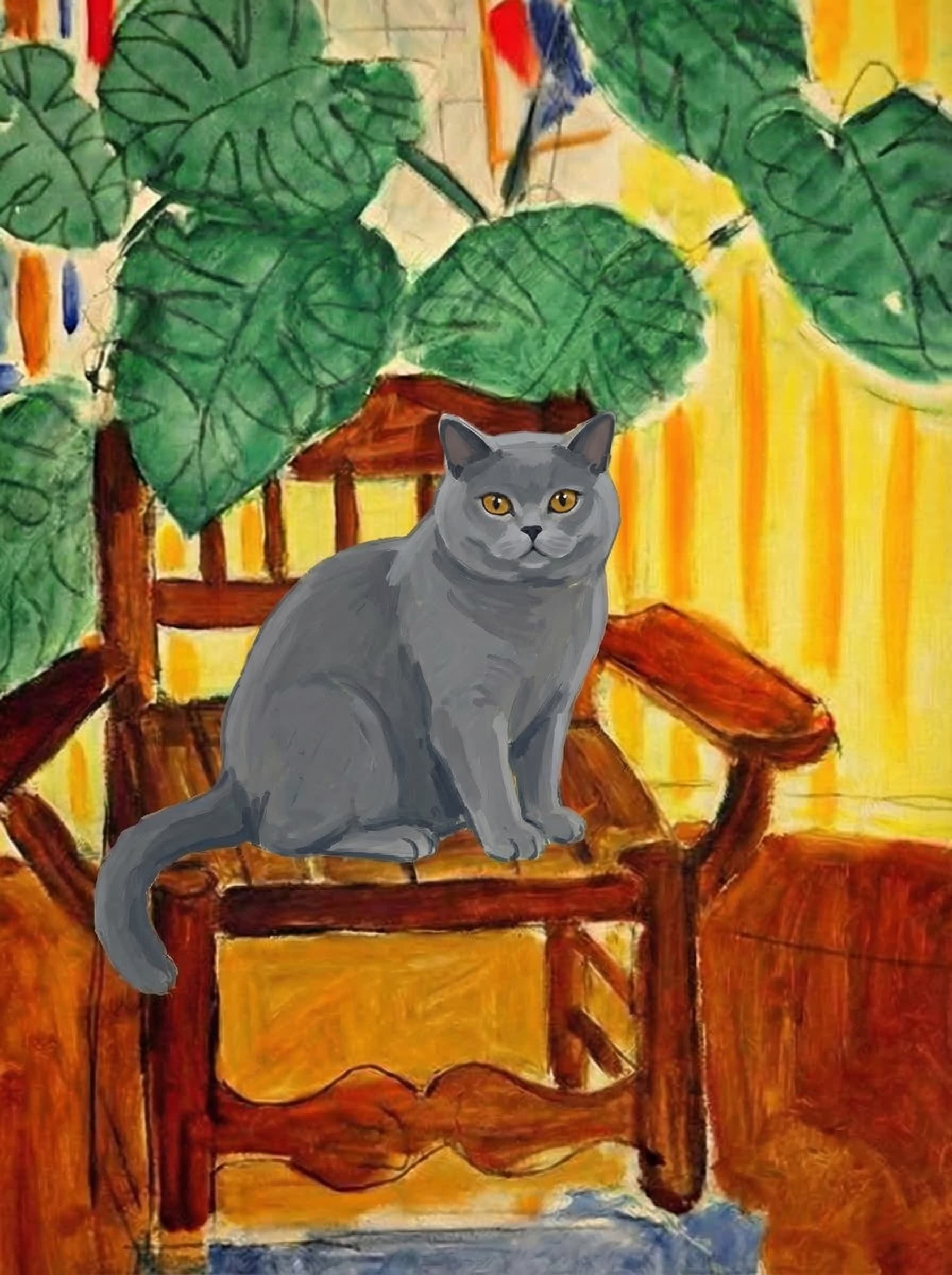 A pet sitting on a brown chair, looking at the viewer. Colors are applied with minimal blending, creating a flat, illustrative feel. The brushwork is broad, rapid, and direct. Strokes are loose, visible, applied thinly, defining the forms quickly without building up significant physical texture or impasto on the surface.