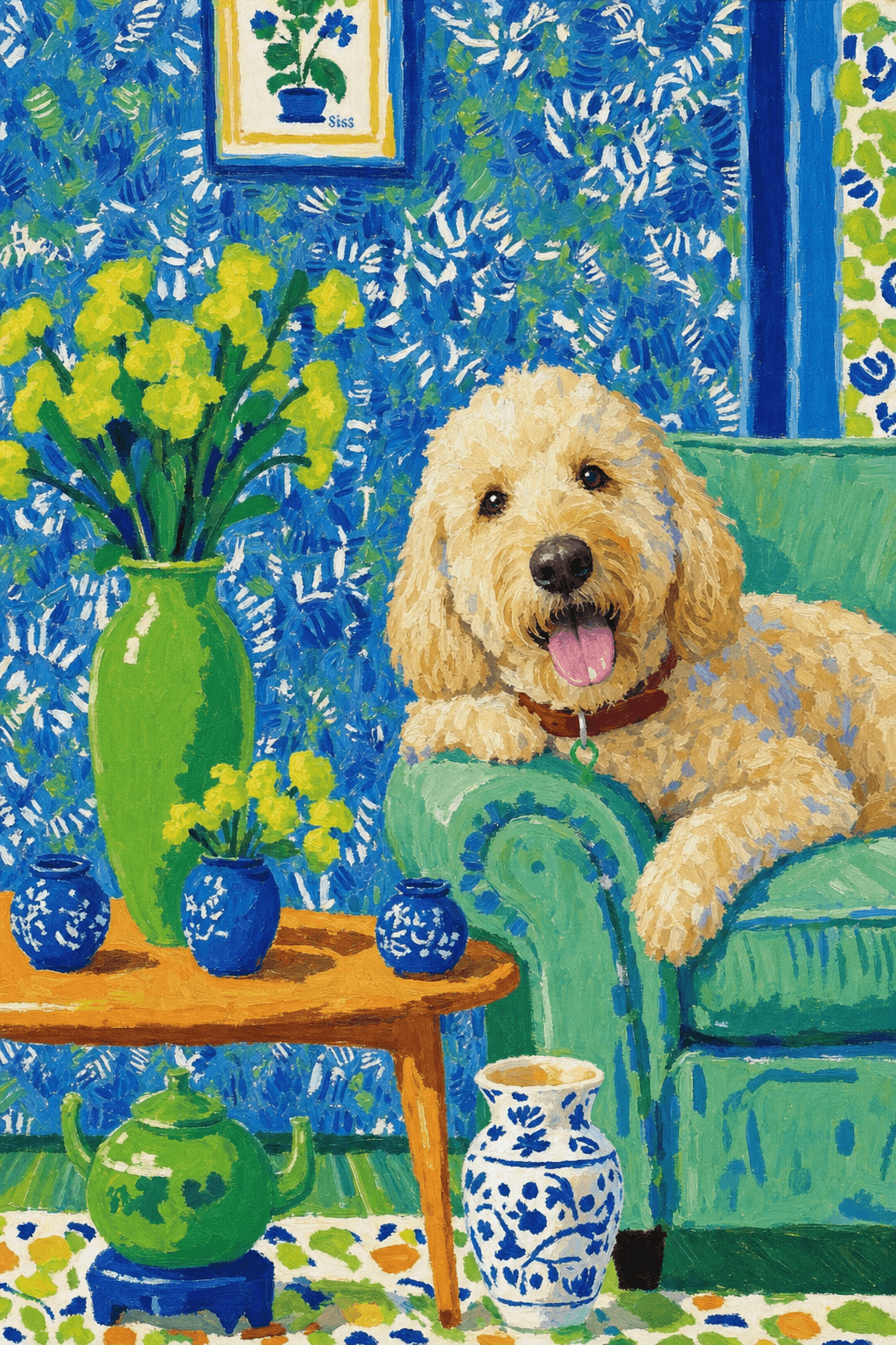 A pet lazy lying on the couch, with head tilt on the edge of couch, eye looking at the the vase. Art Style: Paint in Fauvism, post-impressionism style. Use simplified shapes, exaggerates color, and flattens perspective to create charm and personality.
Use saturated, non-naturalistic colors and flattened perspective reminiscent of Henri Matisse.
The brushwork is loose, visible, and painterly, with uneven strokes that give the surface texture and movement.
Paint with large areas of flat color patches, simplified shapes, bold decorative outlines, and minimal blending.
The composition is flattened and slightly distorted, with compressed perspective.
The painting is expressive, utilizing thick, confident strokes and quick, rhythmic marks that prioritize texture and visual energy over realistic blending or depth.