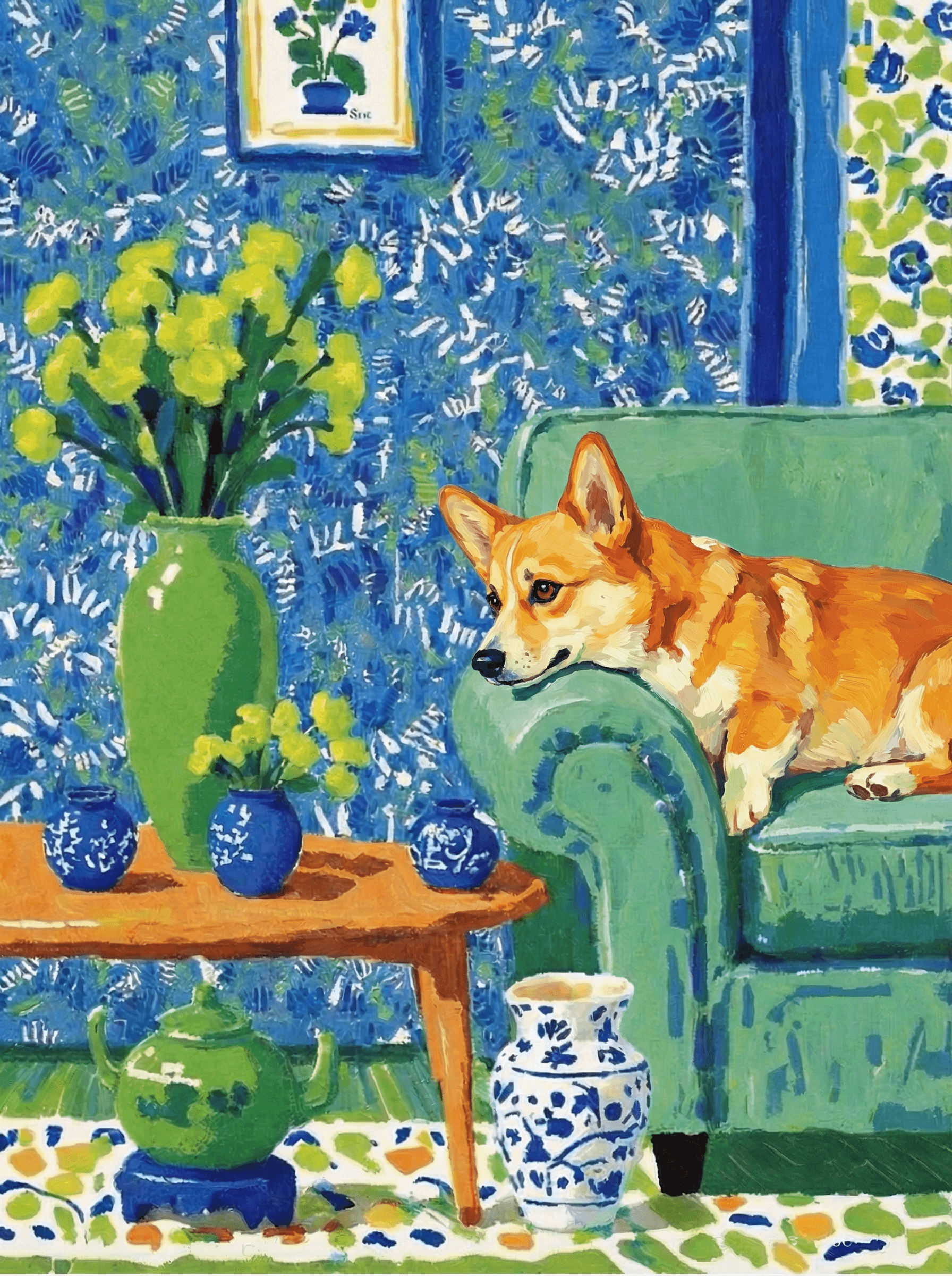 A pet lazy lying on the couch, with head tilt on the edge of couch, eye looking at the the vase. paint in post-impressionism style. Use saturated, non-naturalistic colors and flattened perspective reminiscent of Henri Matisse. painterly and expressive, utilizing thick, confident strokes and quick, rhythmic marks that prioritize texture and visual energy over realistic blending or depth.