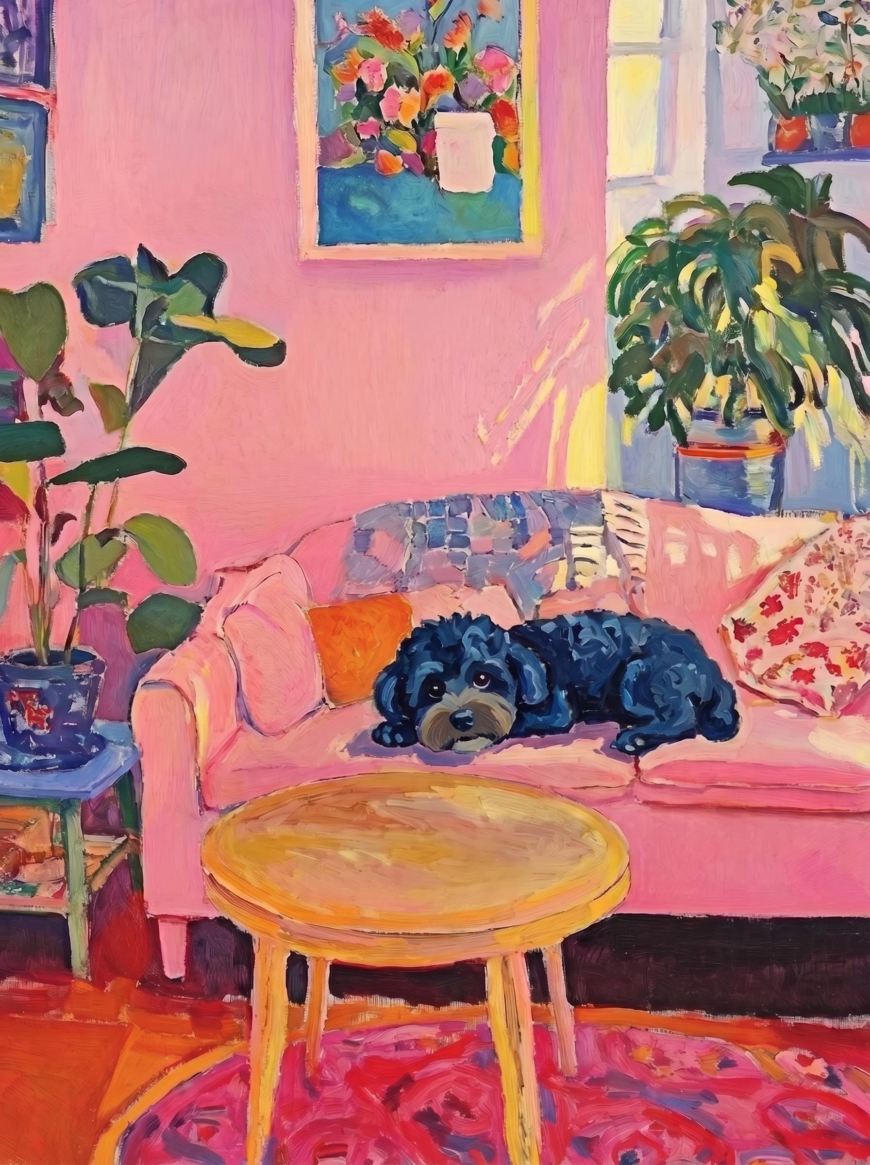 The painting shows a cozy, colorful interior with a warm pink wall and a large pink sofa in the foreground.
      The pet is resting lazily on a bright pink velvet sofa. The pet’s looked completely relaxed and content.
      The overall mood is cheerful and intimate, with bold outlines, visible brushstrokes, and slightly simplified forms.
      Art Style: Paint in Fauvism, post-impressionism style. Use simplified shapes, exaggerates color, and flattens perspective to create charm and personality.
Use saturated, non-naturalistic colors and flattened perspective reminiscent of Henri Matisse.
The brushwork is loose, visible, and painterly, with uneven strokes that give the surface texture and movement.
Paint with large areas of flat color patches, simplified shapes, bold decorative outlines, and minimal blending.
The composition is flattened and slightly distorted, with compressed perspective.
The painting is expressive, utilizing thick, confident strokes and quick, rhythmic marks that prioritize texture and visual energy over realistic blending or depth.