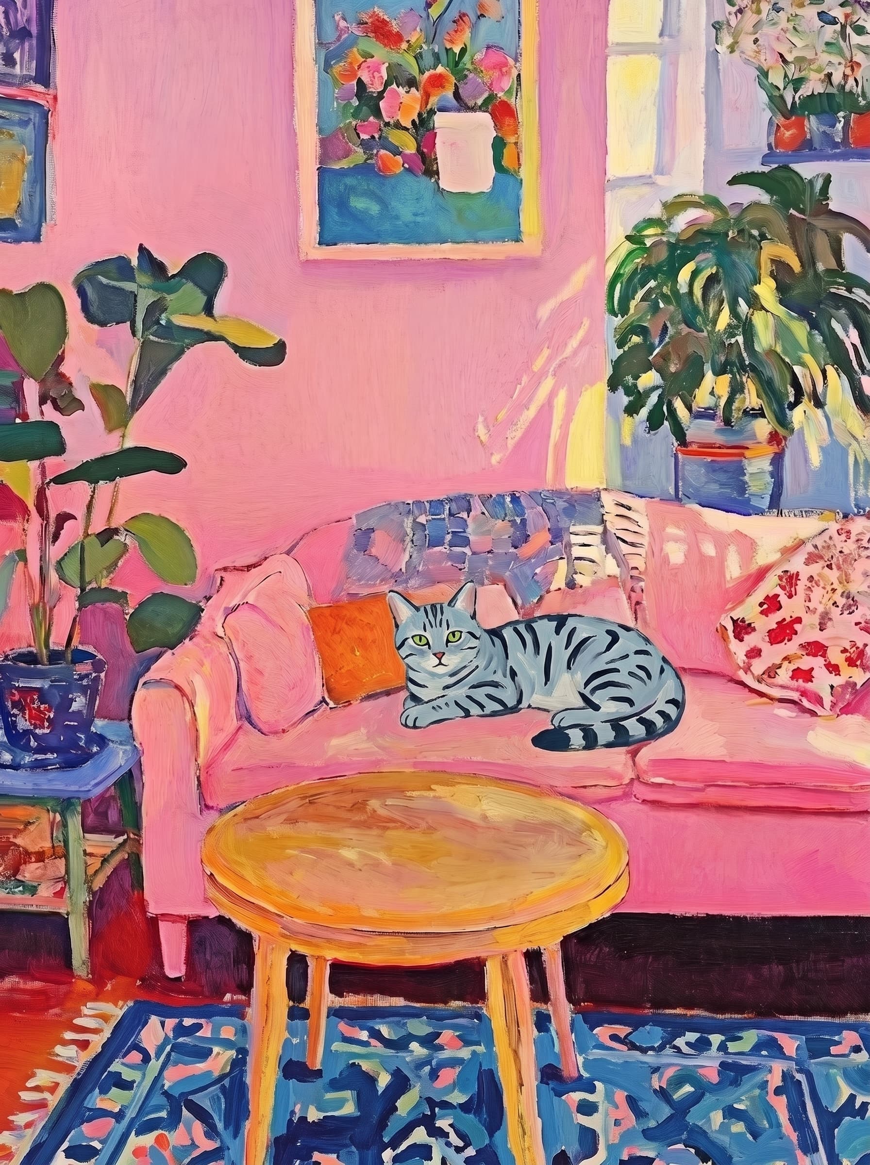The painting shows a cozy, colorful interior with a warm pink wall and a large pink sofa in the foreground.
      The pet is resting lazily on a bright pink velvet sofa. The pet’s looked completely relaxed and content.
      The overall mood is cheerful and intimate, with bold outlines, visible brushstrokes, and slightly simplified forms.
      Art Style: Paint in Fauvism, post-impressionism style. Use simplified shapes, exaggerates color, and flattens perspective to create charm and personality.
Use saturated, non-naturalistic colors and flattened perspective reminiscent of Henri Matisse.
The brushwork is loose, visible, and painterly, with uneven strokes that give the surface texture and movement.
Paint with large areas of flat color patches, simplified shapes, bold decorative outlines, and minimal blending.
The composition is flattened and slightly distorted, with compressed perspective.
The painting is expressive, utilizing thick, confident strokes and quick, rhythmic marks that prioritize texture and visual energy over realistic blending or depth.