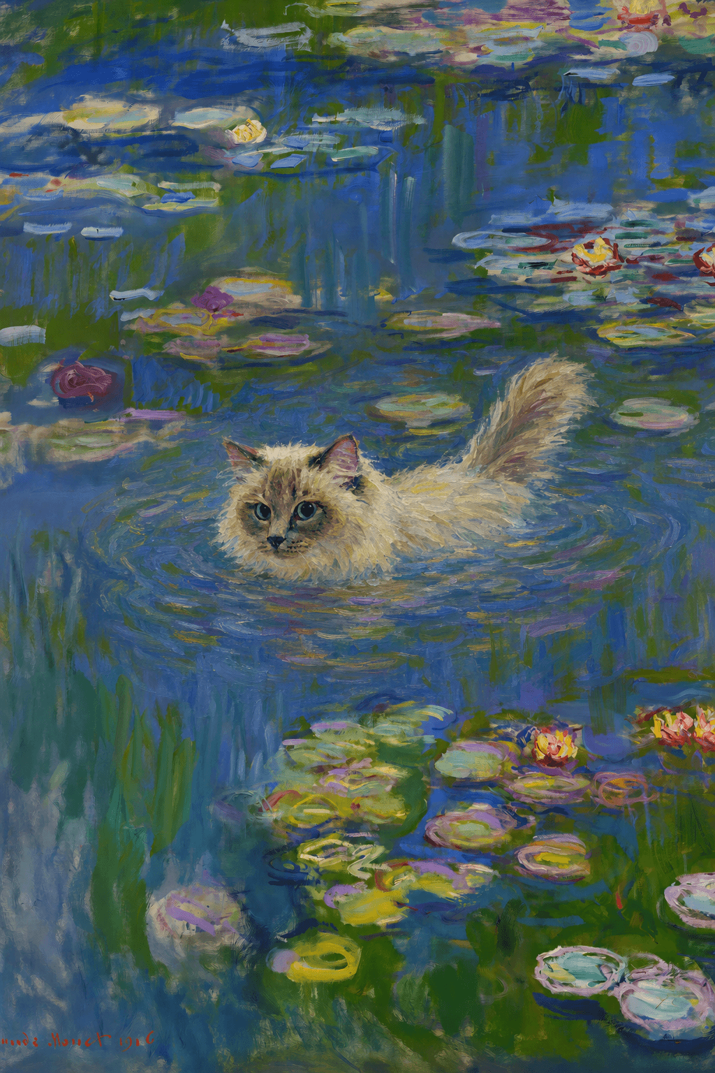 The pet should appear naturally integrated into the middle of the pond, swimming calmly through the water with only its head, upper neck, and a subtle suggestion of its back visible above the surface.
The pet should be facing forward and looking directly at the viewer. Its wet fur should be suggested through painterly strokes.
Blend the pet into the scene using Monet-like impressionist oil painting techniques: visible layered brushstrokes, soft broken color, blue-green reflections, violet shadows, golden-orange highlights, and shimmering ripples around the pet.
The water should partially obscure the pet’s body, with delicate circular ripples spreading outward. Nearby lily pads and water lilies should remain undisturbed but subtly interact with the ripples.
The pet must feel like it was originally painted into the artwork, not pasted on top. Match the atmospheric softness, painterly texture, scale, perspective, and color harmony of the original Water Lilies painting.
Avoid photorealism, sharp outlines, modern digital effects, or excessive detail. The final image should look like a whimsical impressionist oil painting in the spirit of late Monet, with the pet quietly swimming among the lily pads at the center of the pond.
Art Style: Paint in Fauvism, post-impressionism style. Use simplified shapes, exaggerates color, and flattens perspective to create charm and personality.
Use saturated, non-naturalistic colors and flattened perspective reminiscent of Henri Matisse.
The brushwork is loose, visible, and painterly, with uneven strokes that give the surface texture and movement.
Paint with large areas of flat color patches, simplified shapes, bold decorative outlines, and minimal blending.
The composition is flattened and slightly distorted, with compressed perspective.
The painting is expressive, utilizing thick, confident strokes and quick, rhythmic marks that prioritize texture and visual energy over realistic blending or depth.