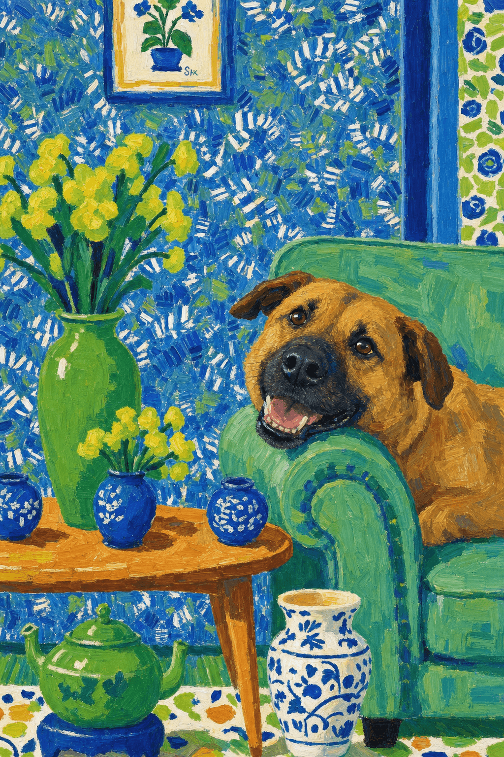 A pet lazy lying on the couch, with head tilt on the edge of couch, eye looking at the the vase. paint in post-impressionism style. Use saturated, non-naturalistic colors and flattened perspective reminiscent of Henri Matisse. painterly and expressive, utilizing thick, confident strokes and quick, rhythmic marks that prioritize texture and visual energy over realistic blending or depth.