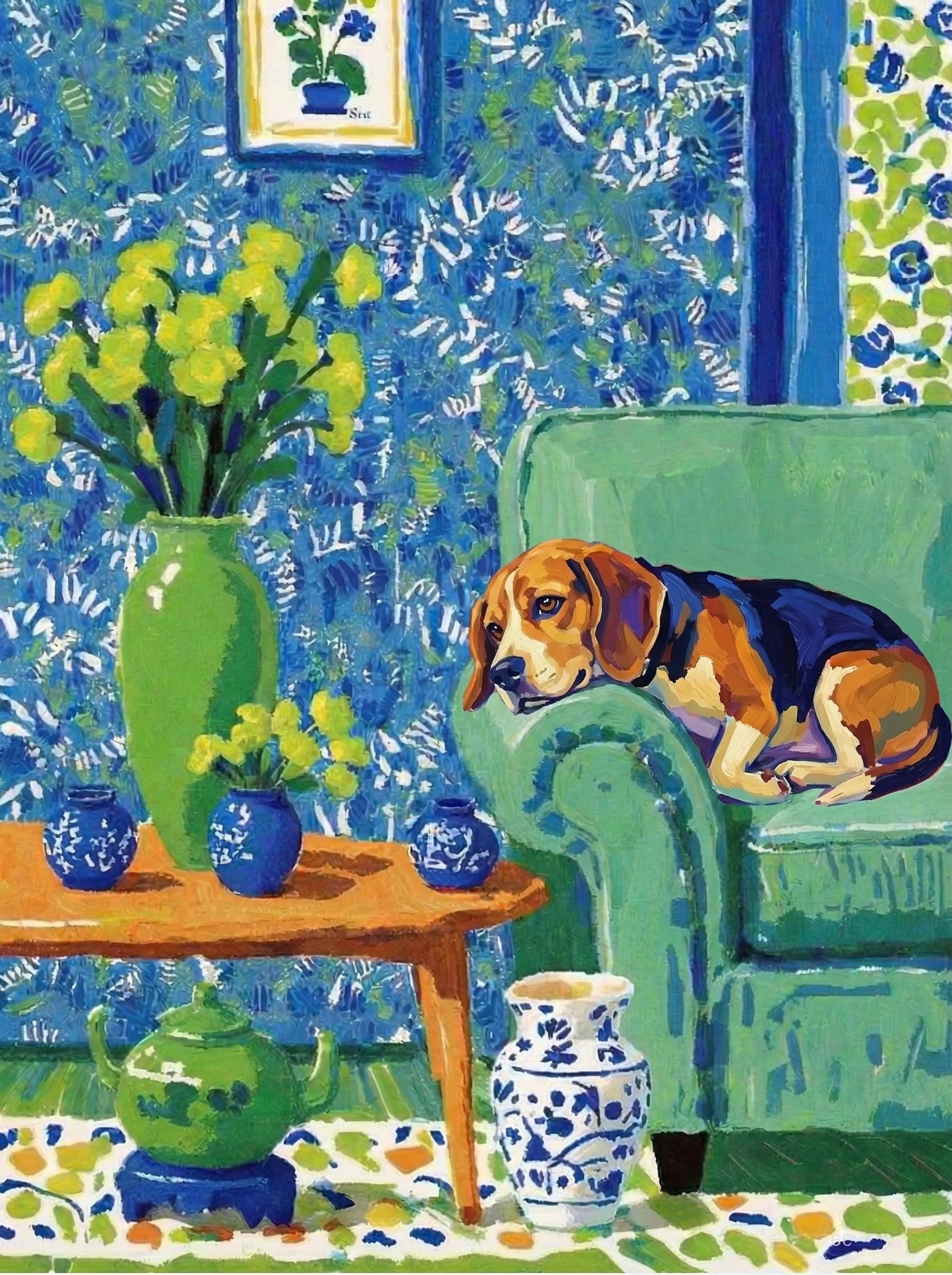 A pet lazy lying on the couch, with head tilt on the edge of couch, eye looking at the the vase. paint in post-impressionism style. Use saturated, non-naturalistic colors and flattened perspective reminiscent of Henri Matisse. painterly and expressive, utilizing thick, confident strokes and quick, rhythmic marks that prioritize texture and visual energy over realistic blending or depth.