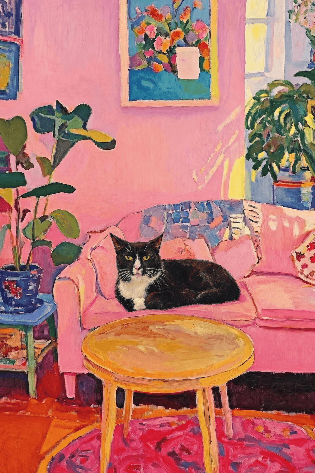 The painting shows a cozy, colorful interior with a warm pink wall and a large pink sofa in the foreground. 
      The pet is resting lazily on a bright pink velvet sofa. The pet’s looked completely relaxed and content. 
      The overall mood is cheerful and intimate, with bold outlines, visible brushstrokes, and slightly simplified forms. 
      Art Style: Paint in Fauvism, post-impressionism style. Use simplified shapes, exaggerates color, and flattens perspective to create charm and personality.
Use saturated, non-naturalistic colors and flattened perspective reminiscent of Henri Matisse.
The brushwork is loose, visible, and painterly, with uneven strokes that give the surface texture and movement.
Paint with large areas of flat color patches, simplified shapes, bold decorative outlines, and minimal blending.
The composition is flattened and slightly distorted, with compressed perspective.
The painting is expressive, utilizing thick, confident strokes and quick, rhythmic marks that prioritize texture and visual energy over realistic blending or depth.