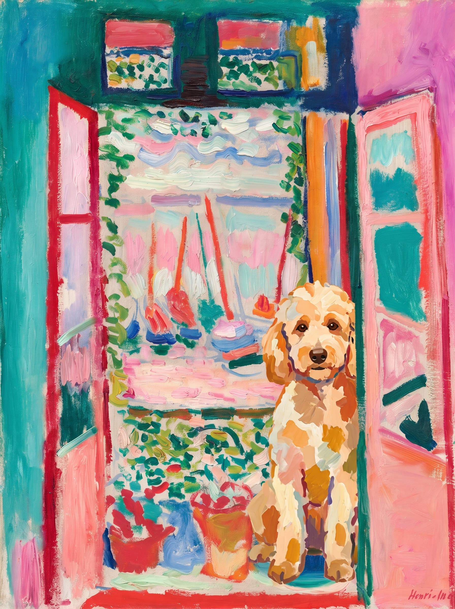A pet sitting on the right bottom frame of an open door, with its back to the opening while facing the room, looking at the viewer, slight leaning on the right-side door panel. Art Style: Paint in Fauvism, post-impressionism style. Use simplified shapes, exaggerates color, and flattens perspective to create charm and personality.
Use saturated, non-naturalistic colors and flattened perspective reminiscent of Henri Matisse.
The brushwork is loose, visible, and painterly, with uneven strokes that give the surface texture and movement.
Paint with large areas of flat color patches, simplified shapes, bold decorative outlines, and minimal blending.
The composition is flattened and slightly distorted, with compressed perspective.
The painting is expressive, utilizing thick, confident strokes and quick, rhythmic marks that prioritize texture and visual energy over realistic blending or depth.