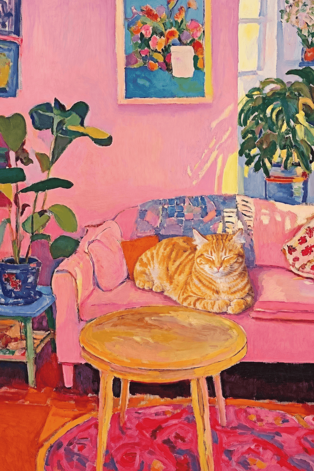 The painting shows a cozy, colorful interior with a warm pink wall and a large pink sofa in the foreground.
The pet is resting lazily on a bright pink velvet sofa. The pet’s looked completely relaxed and content.
The overall mood is cheerful and intimate, with bold outlines, visible brushstrokes, and slightly simplified forms.
Art Style: Paint in Fauvism, post-impressionism style. Use simplified shapes, exaggerates color, and flattens perspective to create charm and personality.
Use saturated, non-naturalistic colors and flattened perspective reminiscent of Henri Matisse.
The brushwork is loose, visible, and painterly, with uneven strokes that give the surface texture and movement.
Paint with large areas of flat color patches, simplified shapes, bold decorative outlines, and minimal blending.
The composition is flattened and slightly distorted, with compressed perspective.
The painting is expressive, utilizing thick, confident strokes and quick, rhythmic marks that prioritize texture and visual energy over realistic blending or depth.