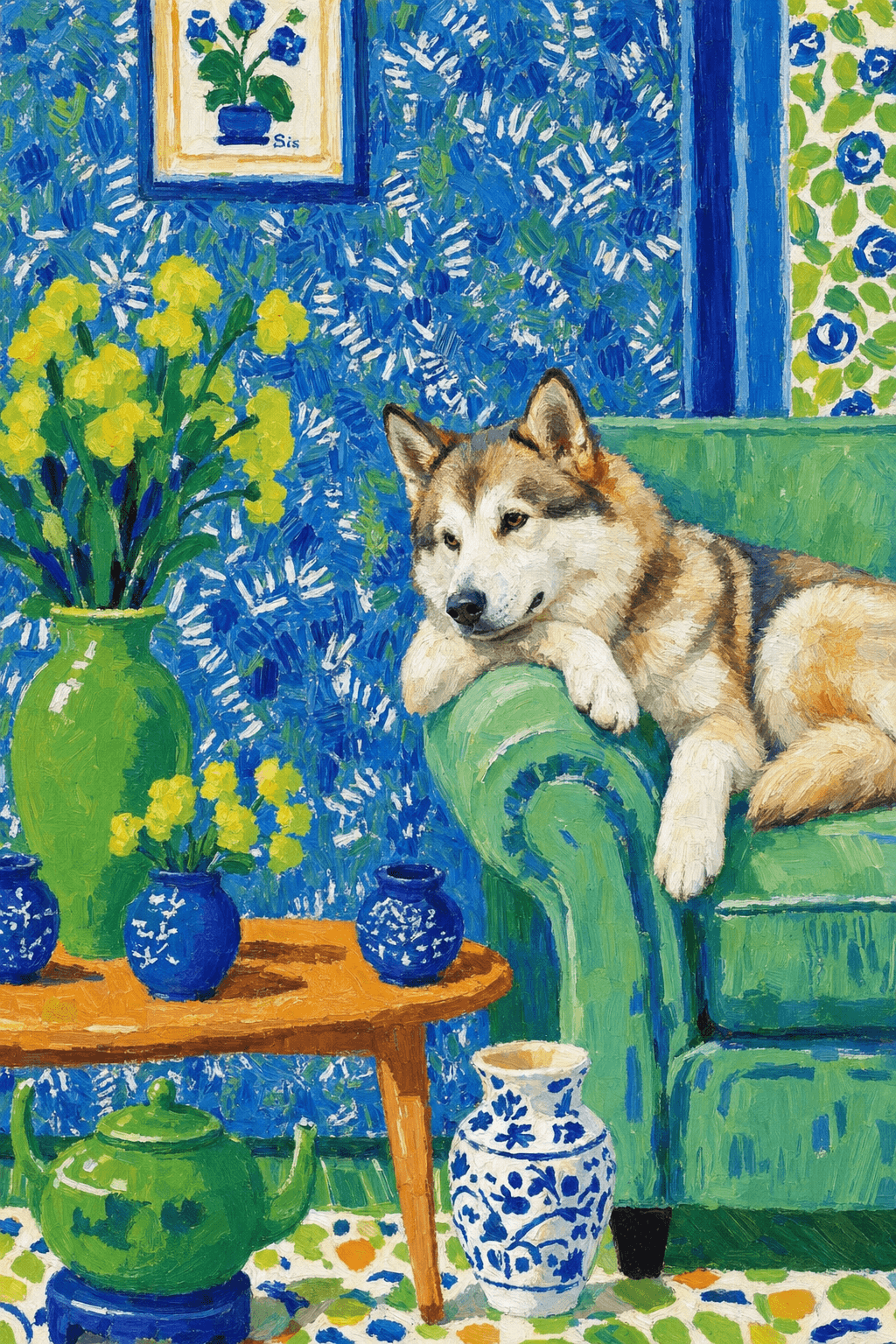 A pet lazy lying on the couch, with head tilt on the edge of couch, eye looking at the the vase. paint in post-impressionism style. Use saturated, non-naturalistic colors and flattened perspective reminiscent of Henri Matisse. painterly and expressive, utilizing thick, confident strokes and quick, rhythmic marks that prioritize texture and visual energy over realistic blending or depth.
