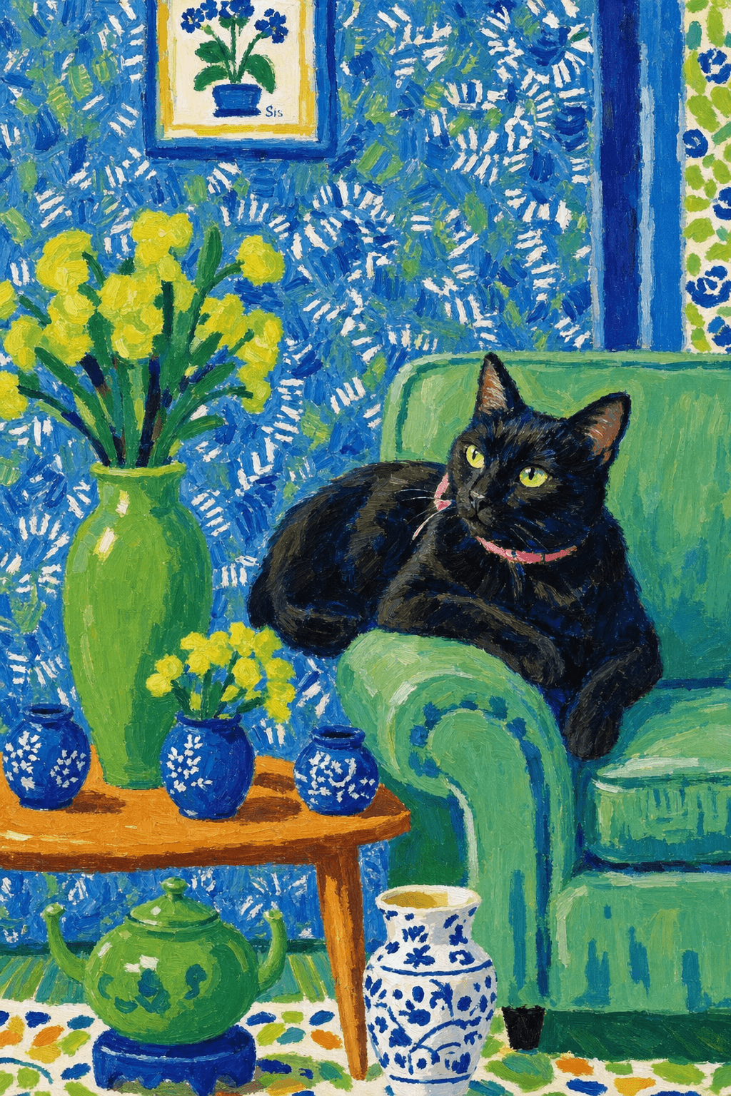 A pet lazy lying on the couch, with head tilt on the edge of couch, eye looking at the the vase. paint in post-impressionism style. Use saturated, non-naturalistic colors and flattened perspective reminiscent of Henri Matisse. painterly and expressive, utilizing thick, confident strokes and quick, rhythmic marks that prioritize texture and visual energy over realistic blending or depth.