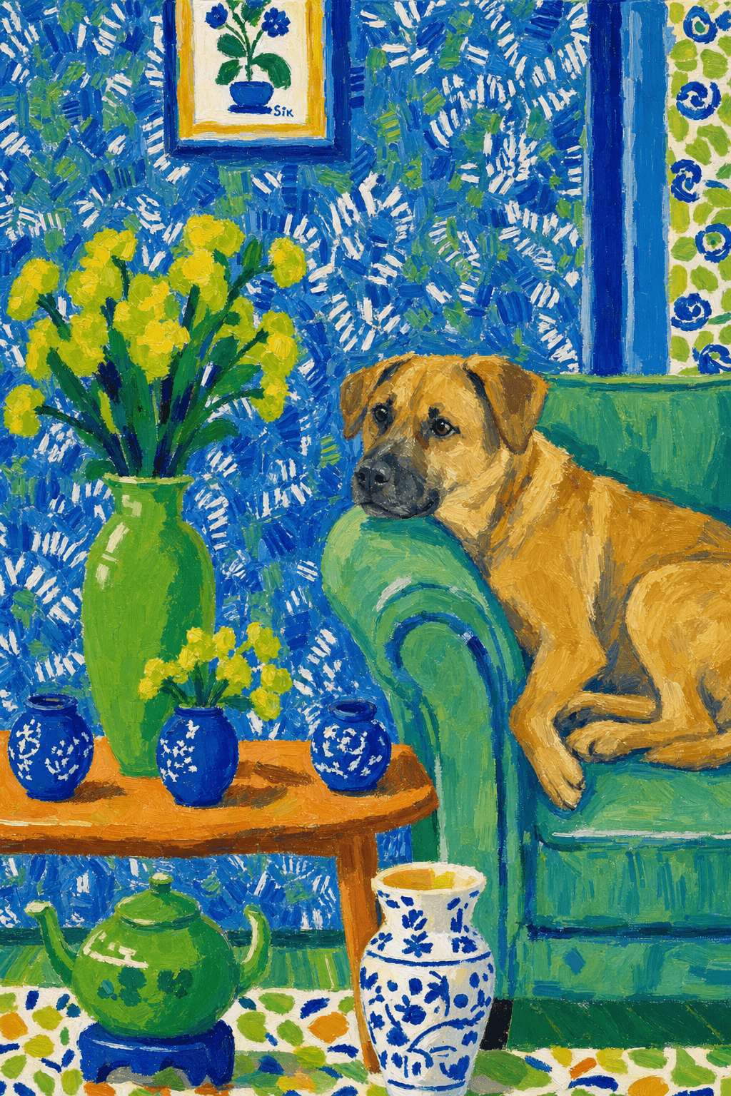 A pet lazy lying on the couch, with head tilt on the edge of couch, eye looking at the the vase. paint in post-impressionism style. Use saturated, non-naturalistic colors and flattened perspective reminiscent of Henri Matisse. painterly and expressive, utilizing thick, confident strokes and quick, rhythmic marks that prioritize texture and visual energy over realistic blending or depth.