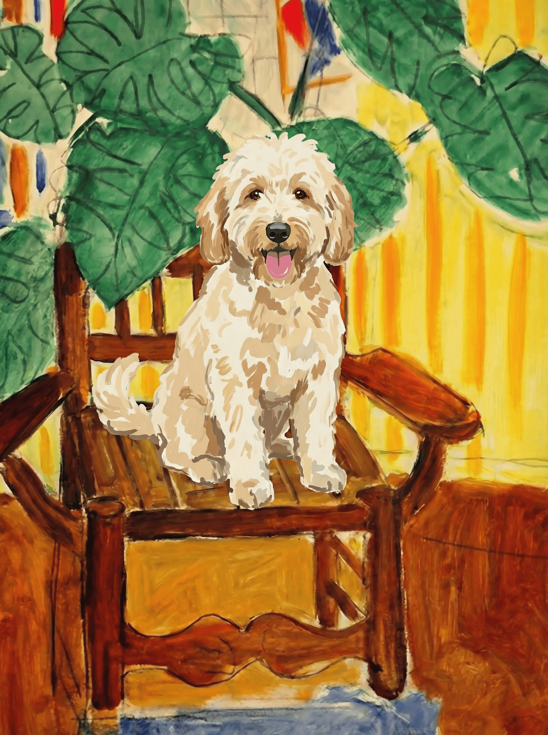 A pet sitting on a brown chair, looking at the viewer. Colors are applied with minimal blending, creating a flat, illustrative feel. The brushwork is broad, rapid, and direct. Strokes are loose, visible, applied thinly, defining the forms quickly without building up significant physical texture or impasto on the surface.