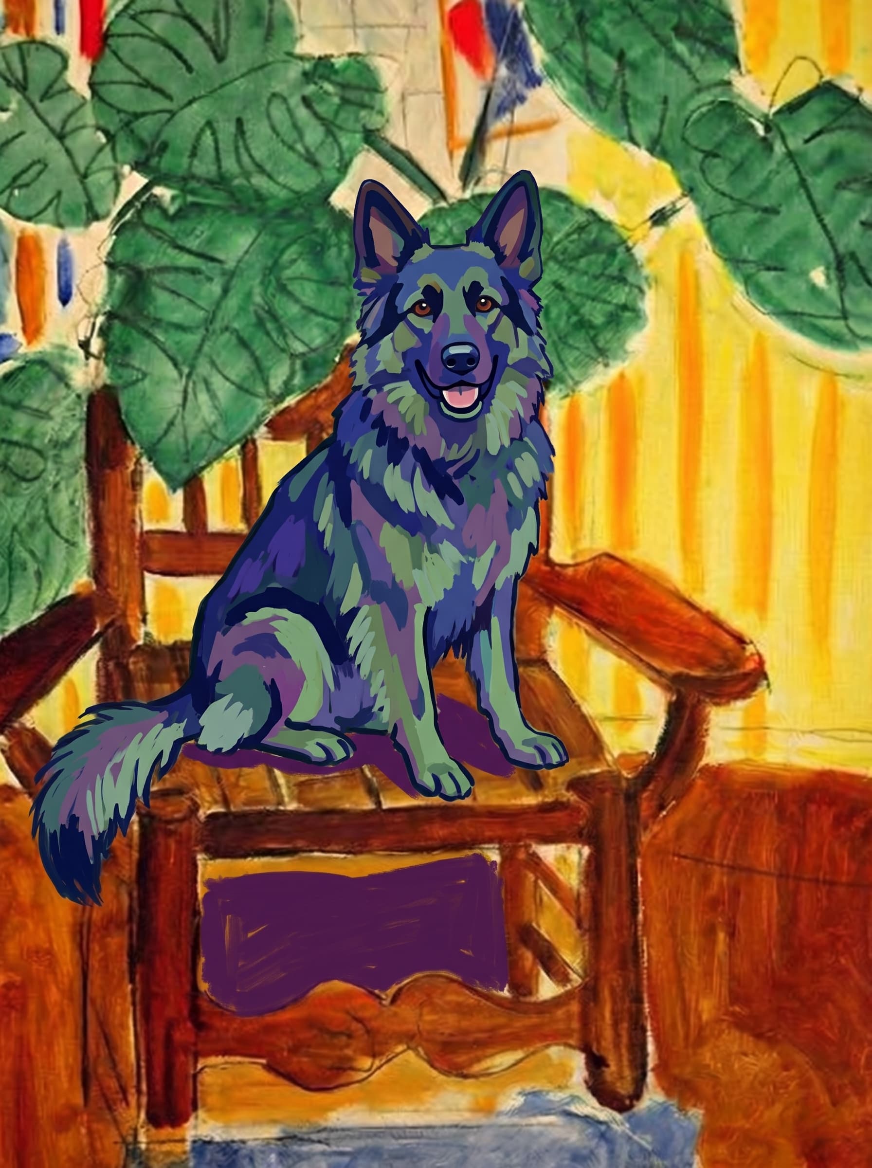 A pet sitting on a brown chair, looking at the viewer. Art Style: Paint in Fauvism, post-impressionism style. Use simplified shapes, exaggerates color, and flattens perspective to create charm and personality.
Use saturated, non-naturalistic colors and flattened perspective reminiscent of Henri Matisse.
The brushwork is loose, visible, and painterly, with uneven strokes that give the surface texture and movement.
Paint with large areas of flat color patches, simplified shapes, bold decorative outlines, and minimal blending.
The composition is flattened and slightly distorted, with compressed perspective.
The painting is expressive, utilizing thick, confident strokes and quick, rhythmic marks that prioritize texture and visual energy over realistic blending or depth.