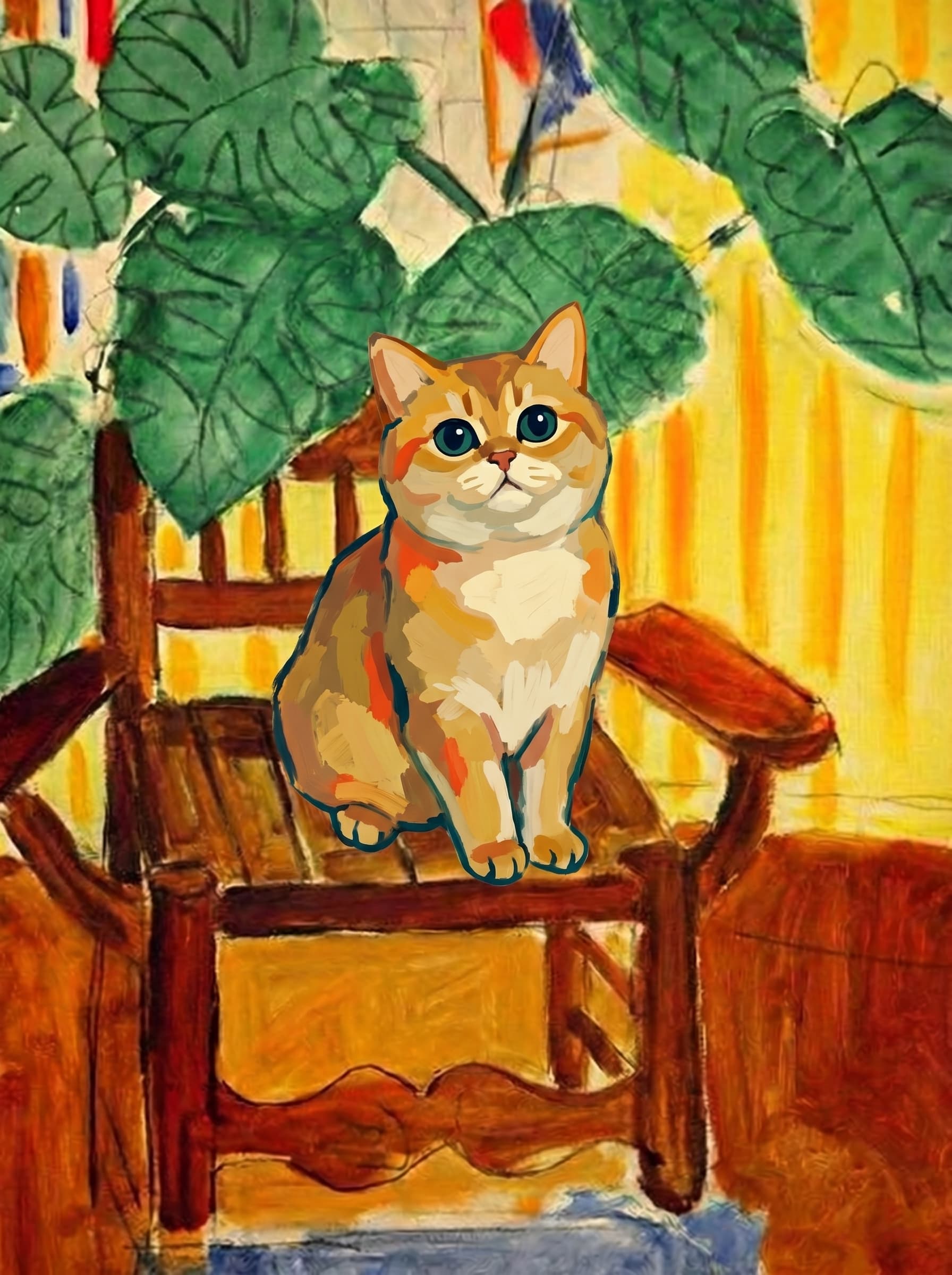 A pet sitting on a brown chair, looking at the viewer. Art Style: Paint in Fauvism, post-impressionism style. Use simplified shapes, exaggerates color, and flattens perspective to create charm and personality.
Use saturated, non-naturalistic colors and flattened perspective reminiscent of Henri Matisse.
The brushwork is loose, visible, and painterly, with uneven strokes that give the surface texture and movement.
Paint with large areas of flat color patches, simplified shapes, bold decorative outlines, and minimal blending.
The composition is flattened and slightly distorted, with compressed perspective.
The painting is expressive, utilizing thick, confident strokes and quick, rhythmic marks that prioritize texture and visual energy over realistic blending or depth.