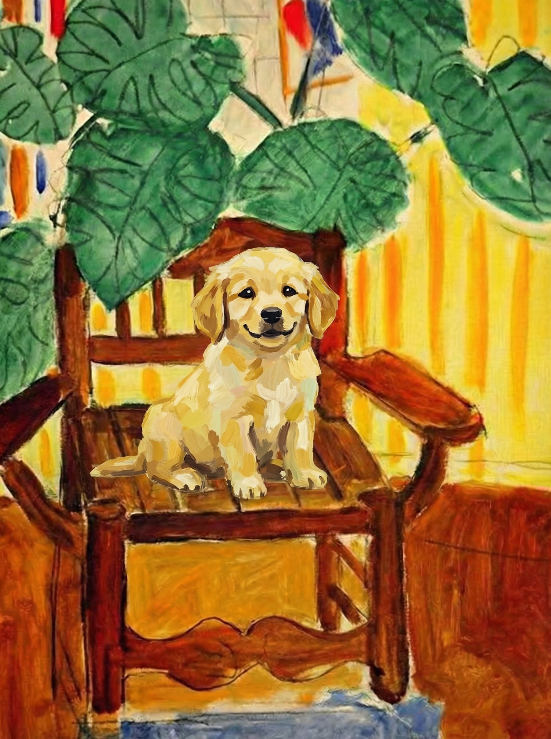 A pet sitting on a brown chair, looking at the viewer. Colors are applied with minimal blending, creating a flat, illustrative feel. The brushwork is broad, rapid, and direct. Strokes are loose, visible, applied thinly, defining the forms quickly without building up significant physical texture or impasto on the surface.