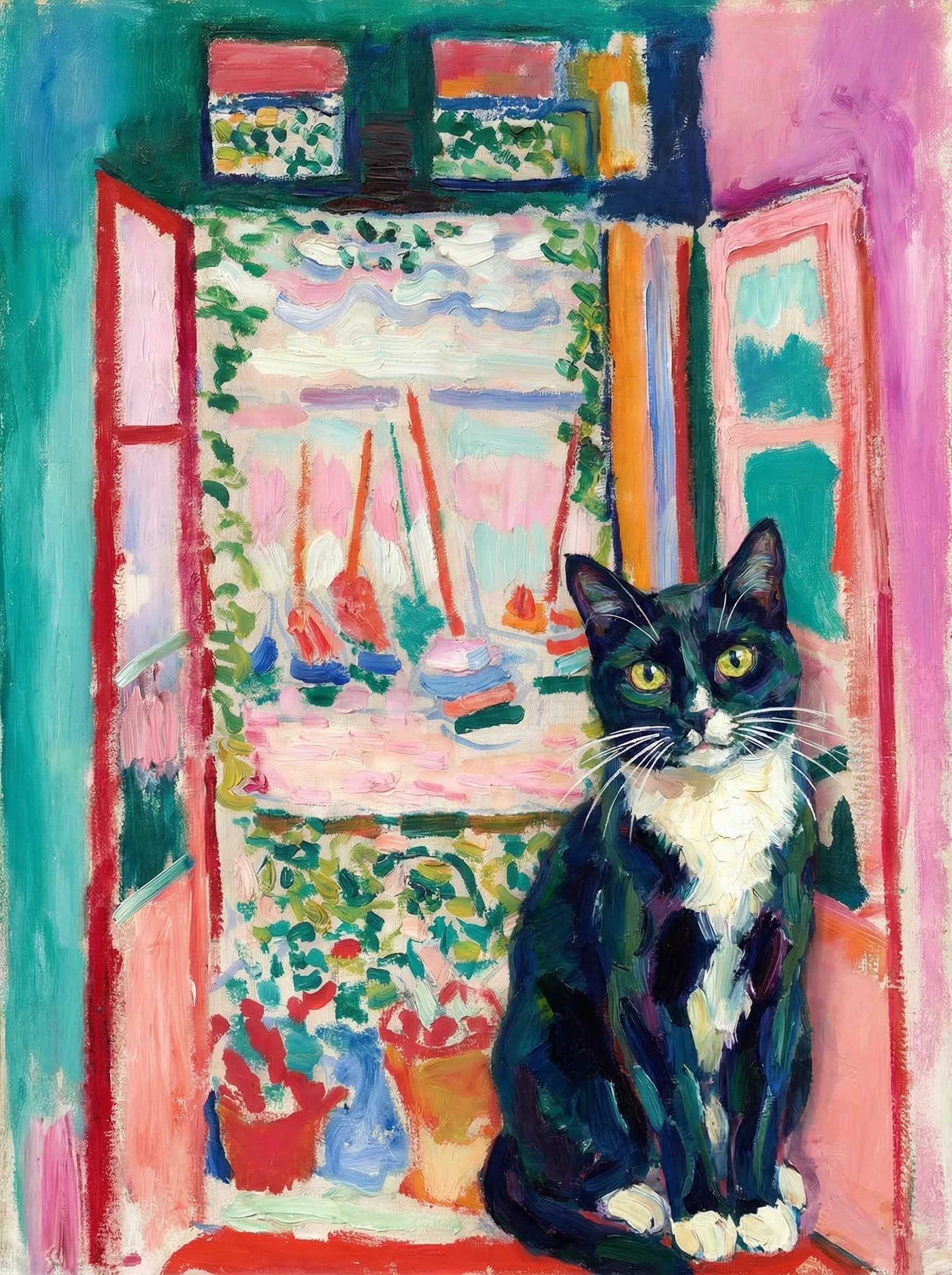 A pet sitting on the right bottom frame of an open door, with its back to the opening while facing the room, looking at the viewer, slight leaning on the right-side door panel. Paint in post-impressionism style. Use loosely painted, vibrantly colored, stylized, vertical painting.