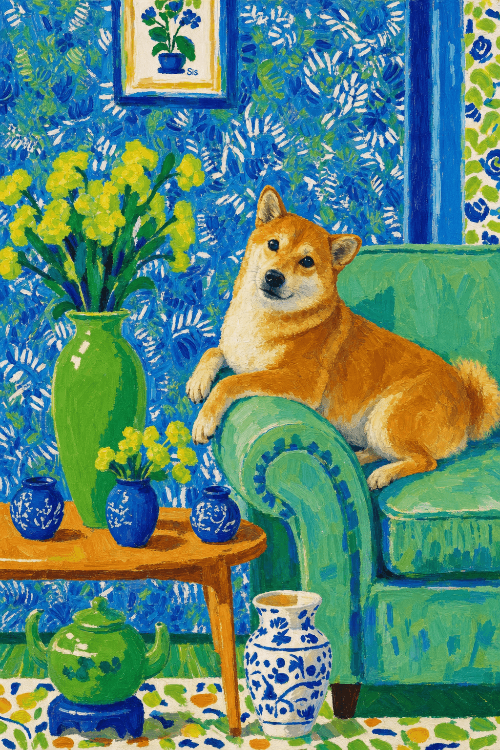 A pet lazy lying on the couch, with head tilt on the edge of couch, eye looking at the the vase. paint in post-impressionism style. Use saturated, non-naturalistic colors and flattened perspective reminiscent of Henri Matisse. painterly and expressive, utilizing thick, confident strokes and quick, rhythmic marks that prioritize texture and visual energy over realistic blending or depth.