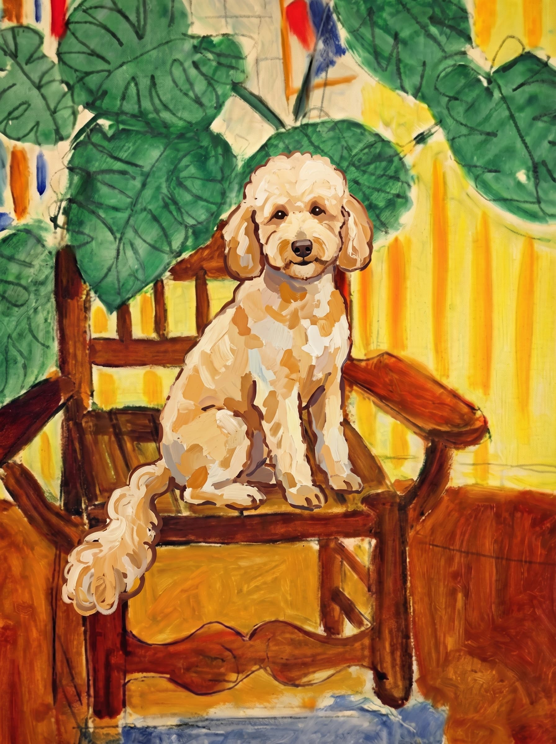 A pet sitting on a brown chair, looking at the viewer. Art Style: Paint in Fauvism, post-impressionism style. Use simplified shapes, exaggerates color, and flattens perspective to create charm and personality.
Use saturated, non-naturalistic colors and flattened perspective reminiscent of Henri Matisse.
The brushwork is loose, visible, and painterly, with uneven strokes that give the surface texture and movement.
Paint with large areas of flat color patches, simplified shapes, bold decorative outlines, and minimal blending.
The composition is flattened and slightly distorted, with compressed perspective.
The painting is expressive, utilizing thick, confident strokes and quick, rhythmic marks that prioritize texture and visual energy over realistic blending or depth.