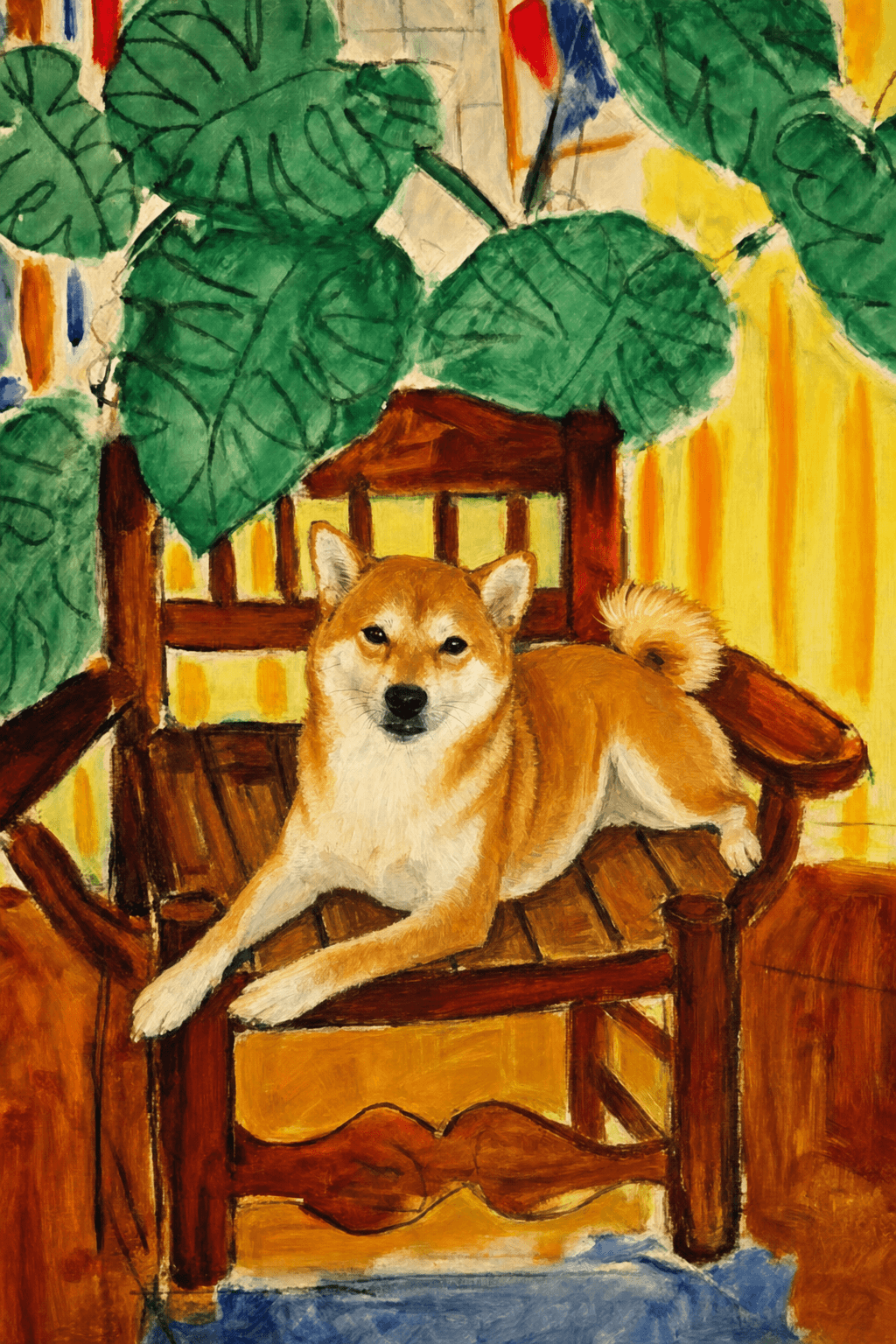 A pet sitting on a brown chair, looking at the viewer. Colors are applied with minimal blending, creating a flat, illustrative feel. The brushwork is broad, rapid, and direct. Strokes are loose, visible, applied thinly, defining the forms quickly without building up significant physical texture or impasto on the surface.