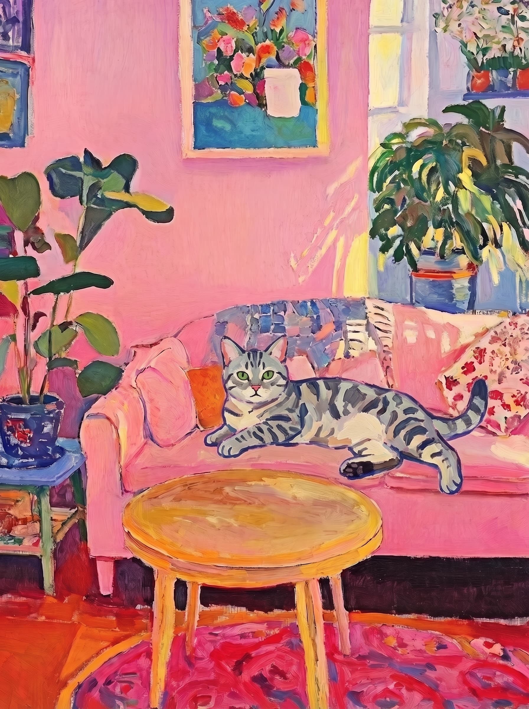 The painting shows a cozy, colorful interior with a warm pink wall and a large pink sofa in the foreground.
The pet is resting lazily on a bright pink velvet sofa. The pet’s looked completely relaxed and content.
The overall mood is cheerful and intimate, with bold outlines, visible brushstrokes, and slightly simplified forms.
Art Style: Paint in Fauvism, post-impressionism style. Use simplified shapes, exaggerates color, and flattens perspective to create charm and personality.
Use saturated, non-naturalistic colors and flattened perspective reminiscent of Henri Matisse.
The brushwork is loose, visible, and painterly, with uneven strokes that give the surface texture and movement.
Paint with large areas of flat color patches, simplified shapes, bold decorative outlines, and minimal blending.
The composition is flattened and slightly distorted, with compressed perspective.
The painting is expressive, utilizing thick, confident strokes and quick, rhythmic marks that prioritize texture and visual energy over realistic blending or depth.