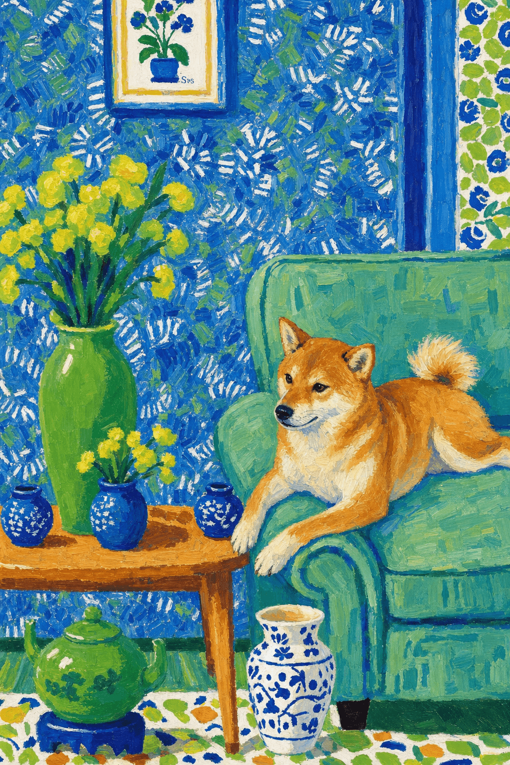 A pet lazy lying on the couch, with head tilt on the edge of couch, eye looking at the the vase. paint in post-impressionism style. Use saturated, non-naturalistic colors and flattened perspective reminiscent of Henri Matisse. painterly and expressive, utilizing thick, confident strokes and quick, rhythmic marks that prioritize texture and visual energy over realistic blending or depth.
