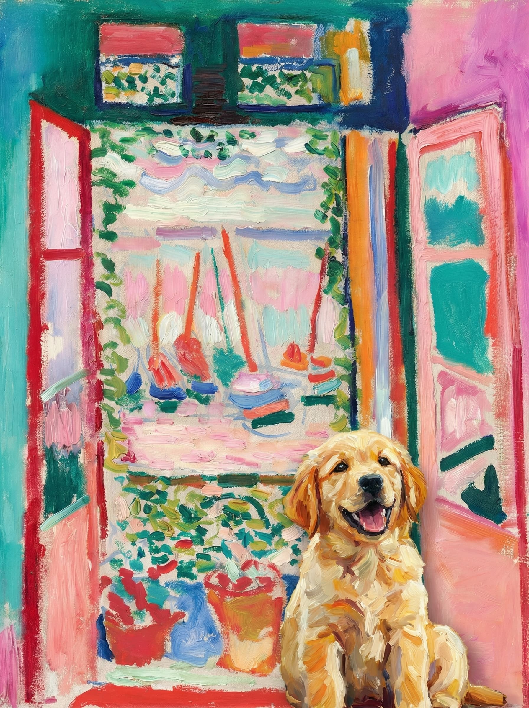 A pet sitting on the right bottom frame of an open door, with its back to the opening while facing the room, looking at the viewer, slight leaning on the right-side door panel. Paint in post-impressionism style. Use loosely painted, vibrantly colored, stylized, vertical painting.