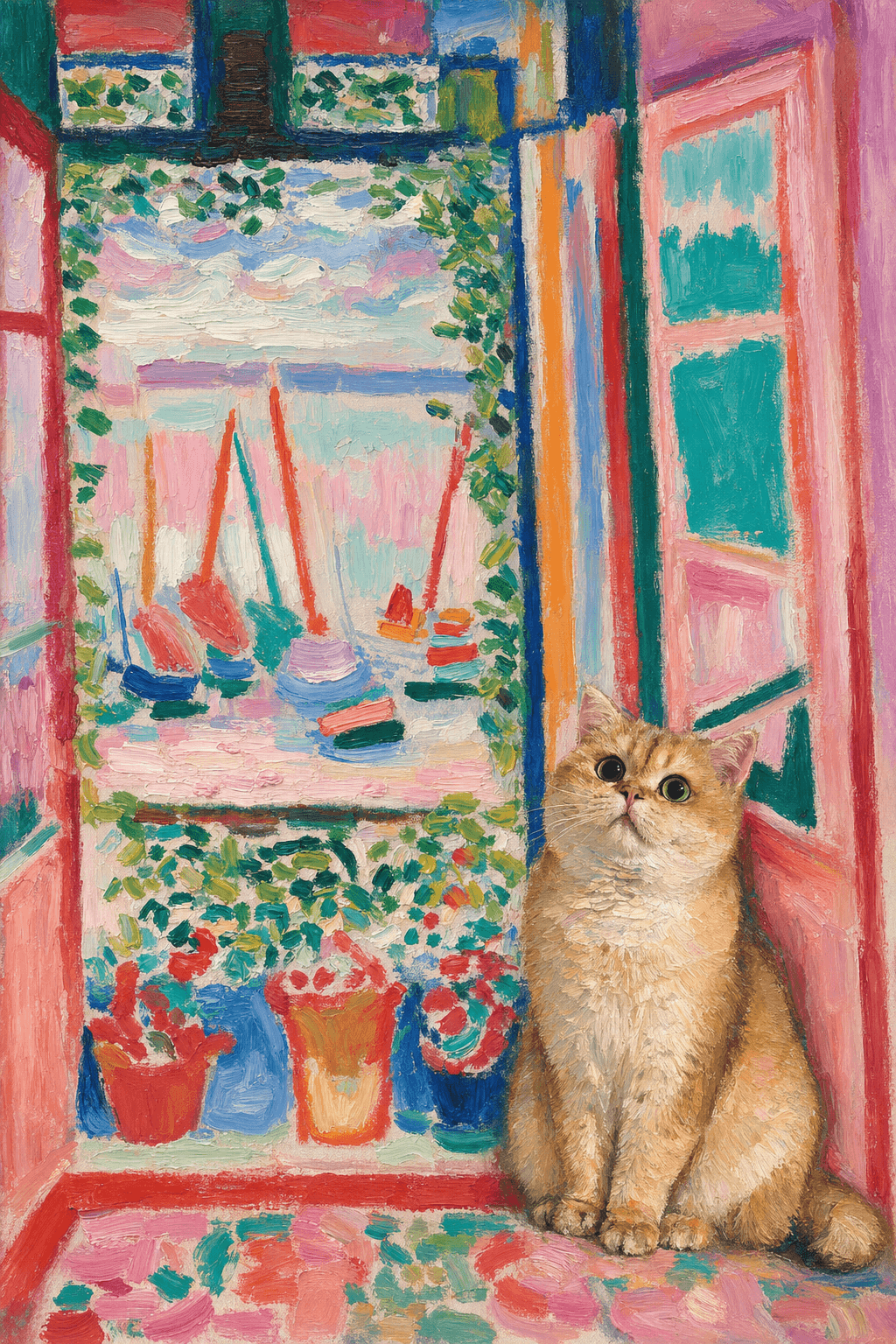 A pet sitting on the right bottom frame of an open door, with its back to the opening while facing the room, looking at the viewer, slight leaning on the right-side door panel. Paint in post-impressionism style. Use loosely painted, vibrantly colored, stylized, vertical painting.