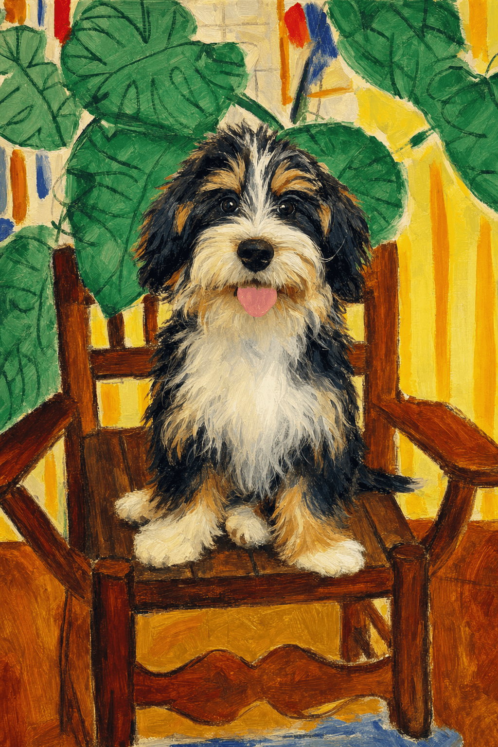 A pet sitting on a brown chair, looking at the viewer. Colors are applied with minimal blending, creating a flat, illustrative feel. The brushwork is broad, rapid, and direct. Strokes are loose, visible, applied thinly, defining the forms quickly without building up significant physical texture or impasto on the surface.