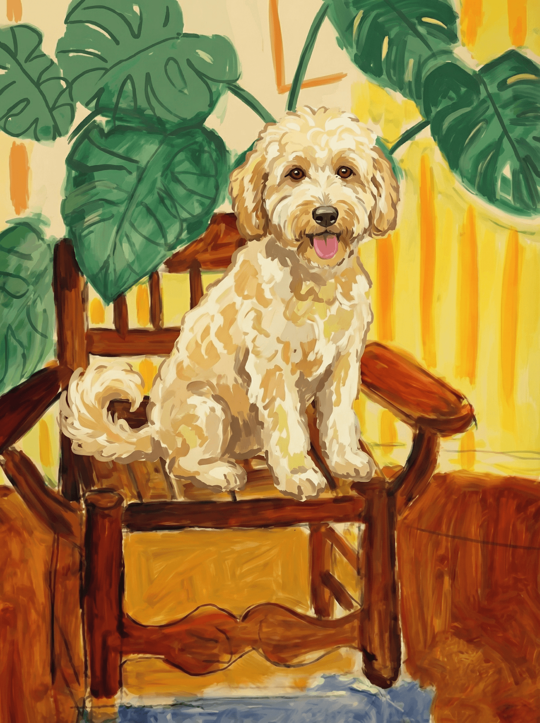 A pet sitting on a brown chair, looking at the viewer. Colors are applied with minimal blending, creating a flat, illustrative feel. The brushwork is broad, rapid, and direct. Strokes are loose, visible, applied thinly, defining the forms quickly without building up significant physical texture or impasto on the surface.
