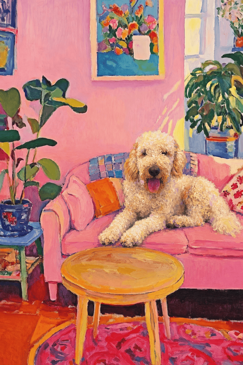 The painting shows a cozy, colorful interior with a warm pink wall and a large pink sofa in the foreground. 
      The pet is resting lazily on a bright pink velvet sofa. The pet’s looked completely relaxed and content. 
      The overall mood is cheerful and intimate, with bold outlines, visible brushstrokes, and slightly simplified forms. 
      Art Style: Paint in Fauvism, post-impressionism style. Use simplified shapes, exaggerates color, and flattens perspective to create charm and personality.
Use saturated, non-naturalistic colors and flattened perspective reminiscent of Henri Matisse.
The brushwork is loose, visible, and painterly, with uneven strokes that give the surface texture and movement.
Paint with large areas of flat color patches, simplified shapes, bold decorative outlines, and minimal blending.
The composition is flattened and slightly distorted, with compressed perspective.
The painting is expressive, utilizing thick, confident strokes and quick, rhythmic marks that prioritize texture and visual energy over realistic blending or depth.