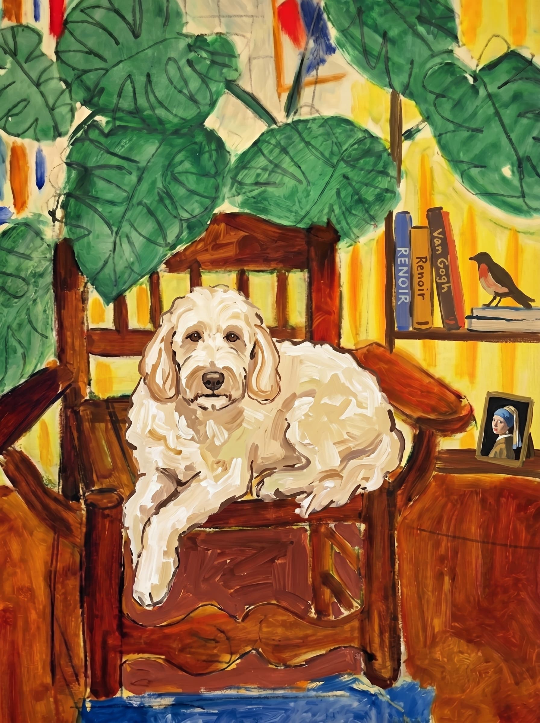 A pet sitting on a brown chair, looking at the viewer. Colors are applied with minimal blending, creating a flat, illustrative feel. The brushwork is broad, rapid, and direct. Strokes are loose, visible, applied thinly, defining the forms quickly without building up significant physical texture or impasto on the surface.