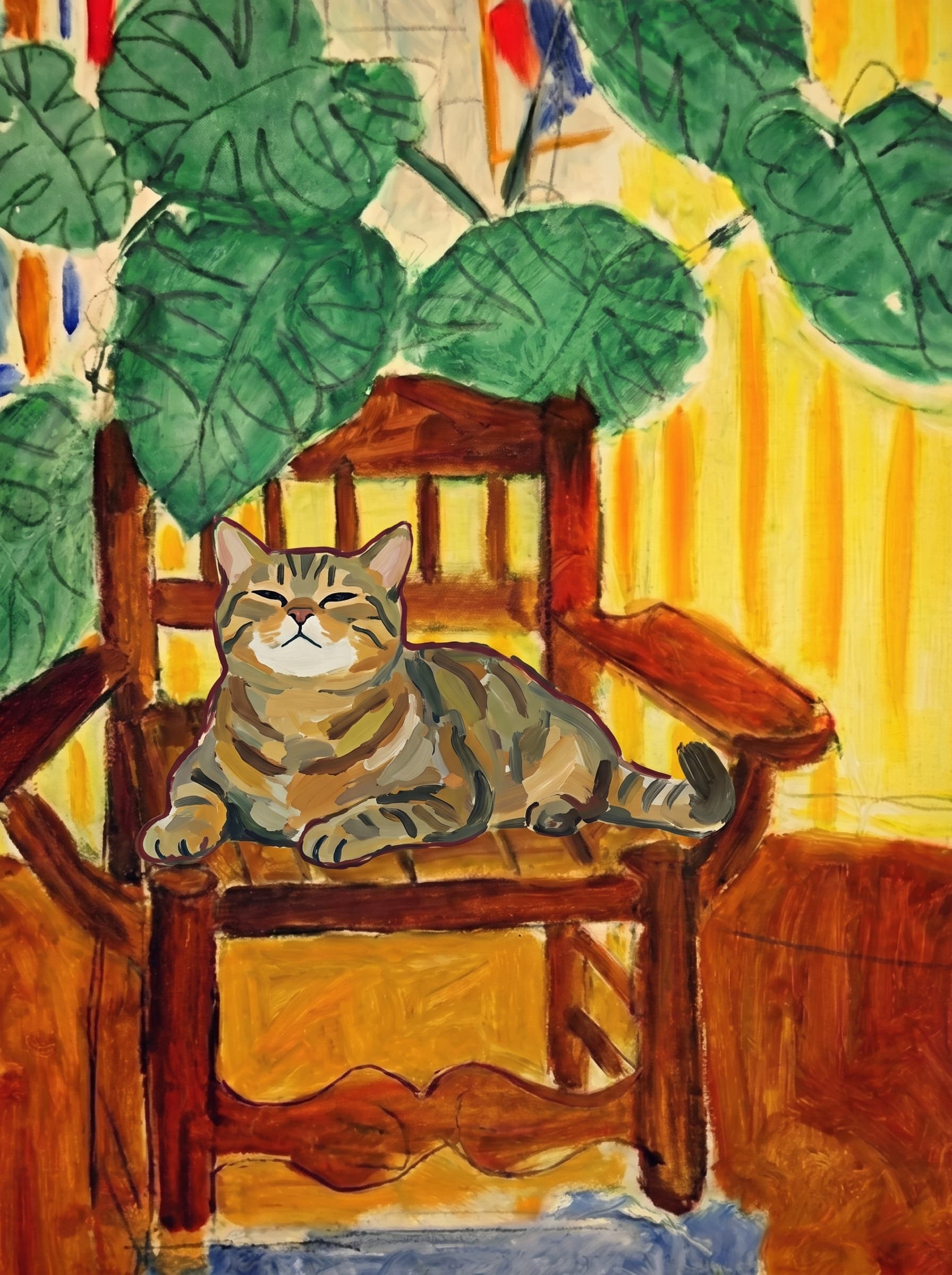 A pet sitting on a brown chair, looking at the viewer. Art Style: Paint in Fauvism, post-impressionism style. Use simplified shapes, exaggerates color, and flattens perspective to create charm and personality.
Use saturated, non-naturalistic colors and flattened perspective reminiscent of Henri Matisse.
The brushwork is loose, visible, and painterly, with uneven strokes that give the surface texture and movement.
Paint with large areas of flat color patches, simplified shapes, bold decorative outlines, and minimal blending.
The composition is flattened and slightly distorted, with compressed perspective.
The painting is expressive, utilizing thick, confident strokes and quick, rhythmic marks that prioritize texture and visual energy over realistic blending or depth.