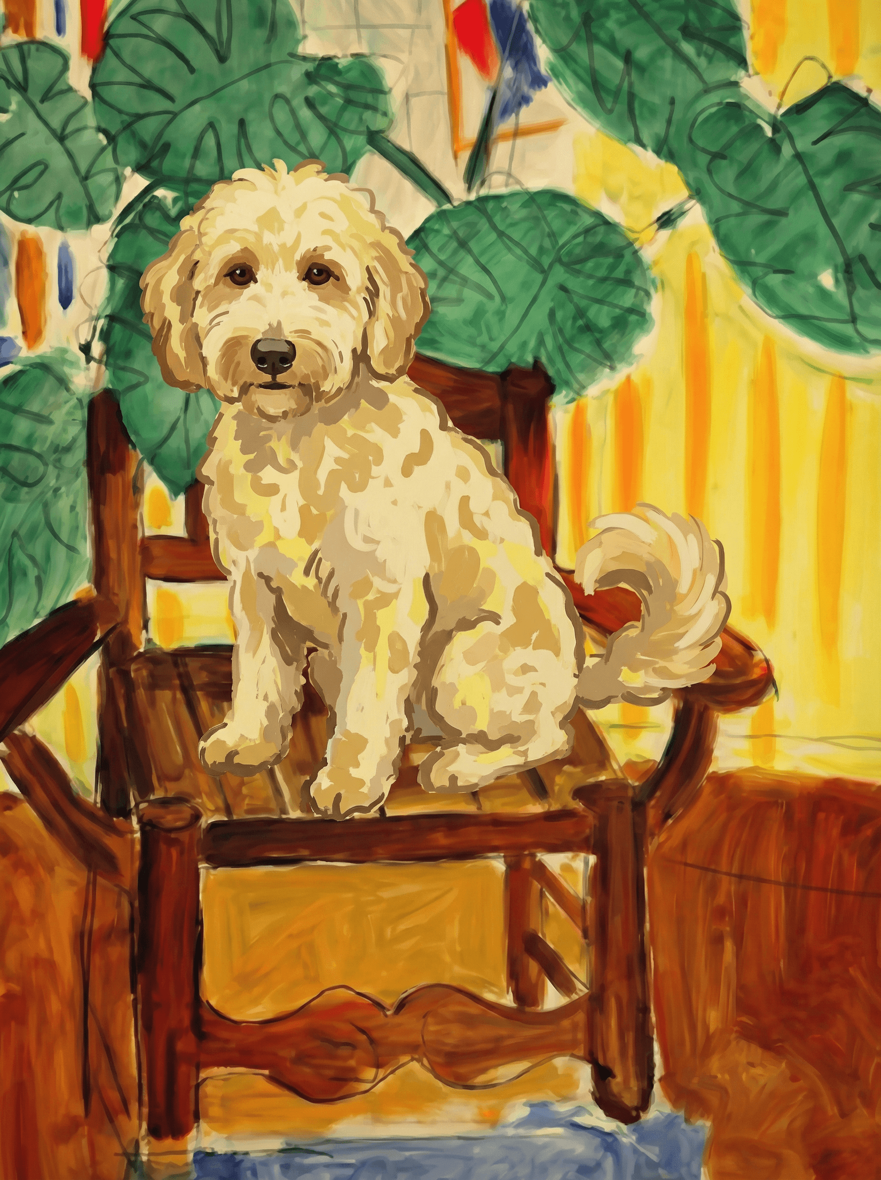A pet sitting on a brown chair, looking at the viewer. Colors are applied with minimal blending, creating a flat, illustrative feel. The brushwork is broad, rapid, and direct. Strokes are loose, visible, applied thinly, defining the forms quickly without building up significant physical texture or impasto on the surface.
