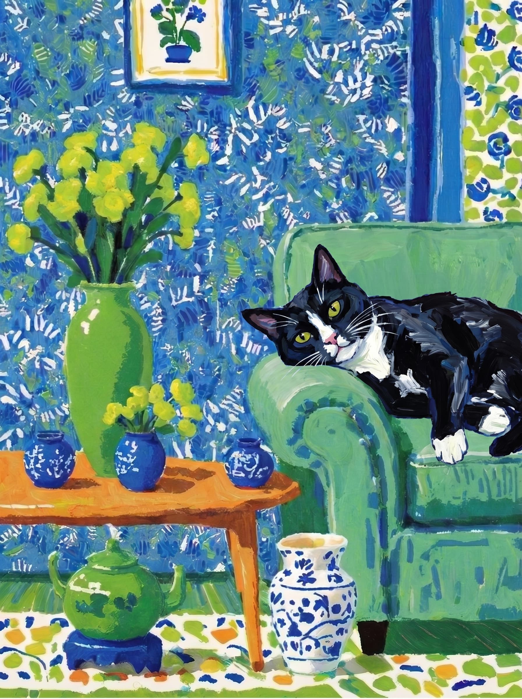 A pet lazy lying on the couch, with head tilt on the edge of couch, eye looking at the the vase. paint in post-impressionism style. Use saturated, non-naturalistic colors and flattened perspective reminiscent of Henri Matisse. painterly and expressive, utilizing thick, confident strokes and quick, rhythmic marks that prioritize texture and visual energy over realistic blending or depth.