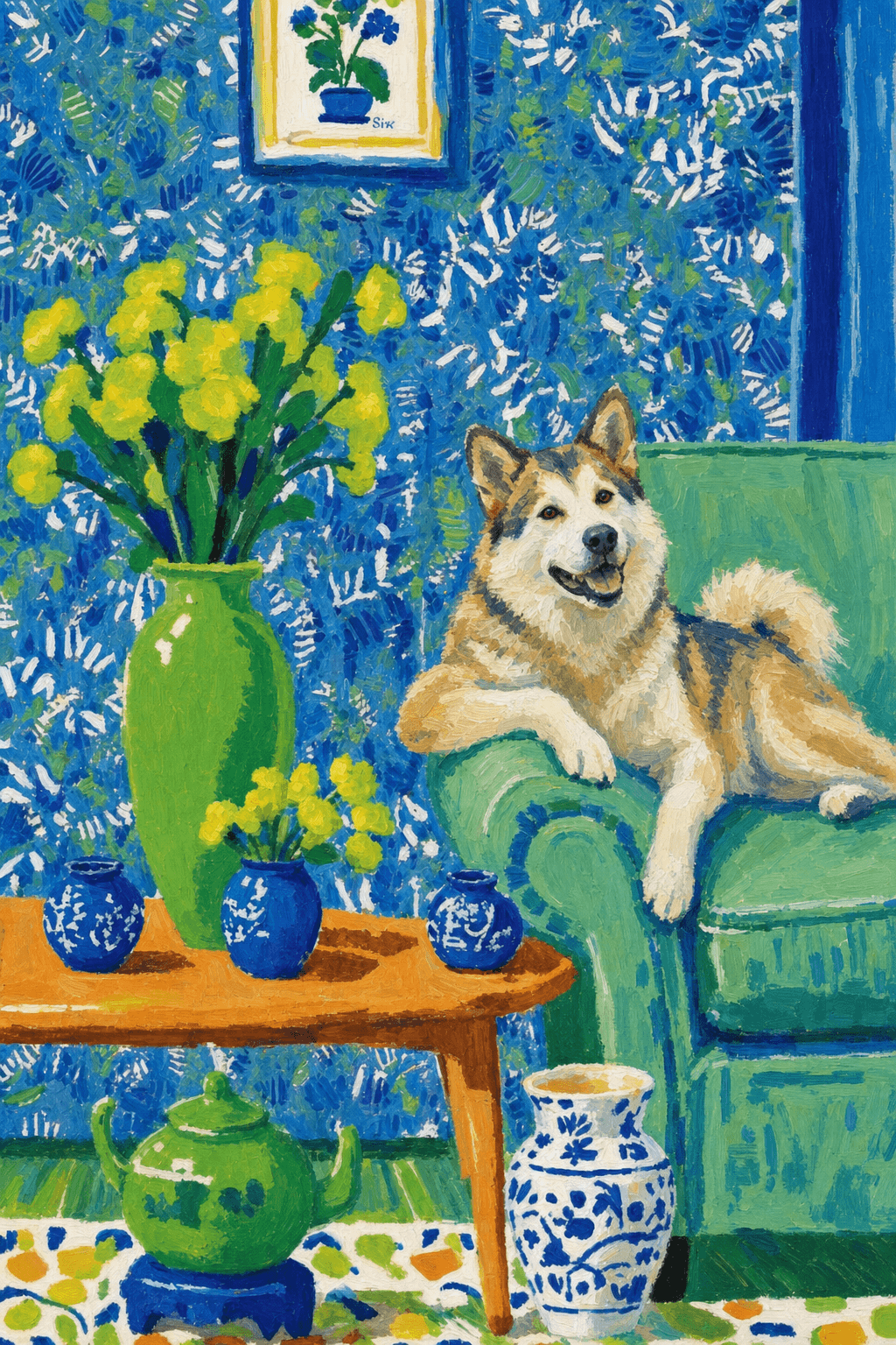 A pet lazy lying on the couch, with head tilt on the edge of couch, eye looking at the the vase. Art Style: Paint in Fauvism, post-impressionism style. Use simplified shapes, exaggerates color, and flattens perspective to create charm and personality.
Use saturated, non-naturalistic colors and flattened perspective reminiscent of Henri Matisse.
The brushwork is loose, visible, and painterly, with uneven strokes that give the surface texture and movement.
Paint with large areas of flat color patches, simplified shapes, bold decorative outlines, and minimal blending.
The composition is flattened and slightly distorted, with compressed perspective.
The painting is expressive, utilizing thick, confident strokes and quick, rhythmic marks that prioritize texture and visual energy over realistic blending or depth.