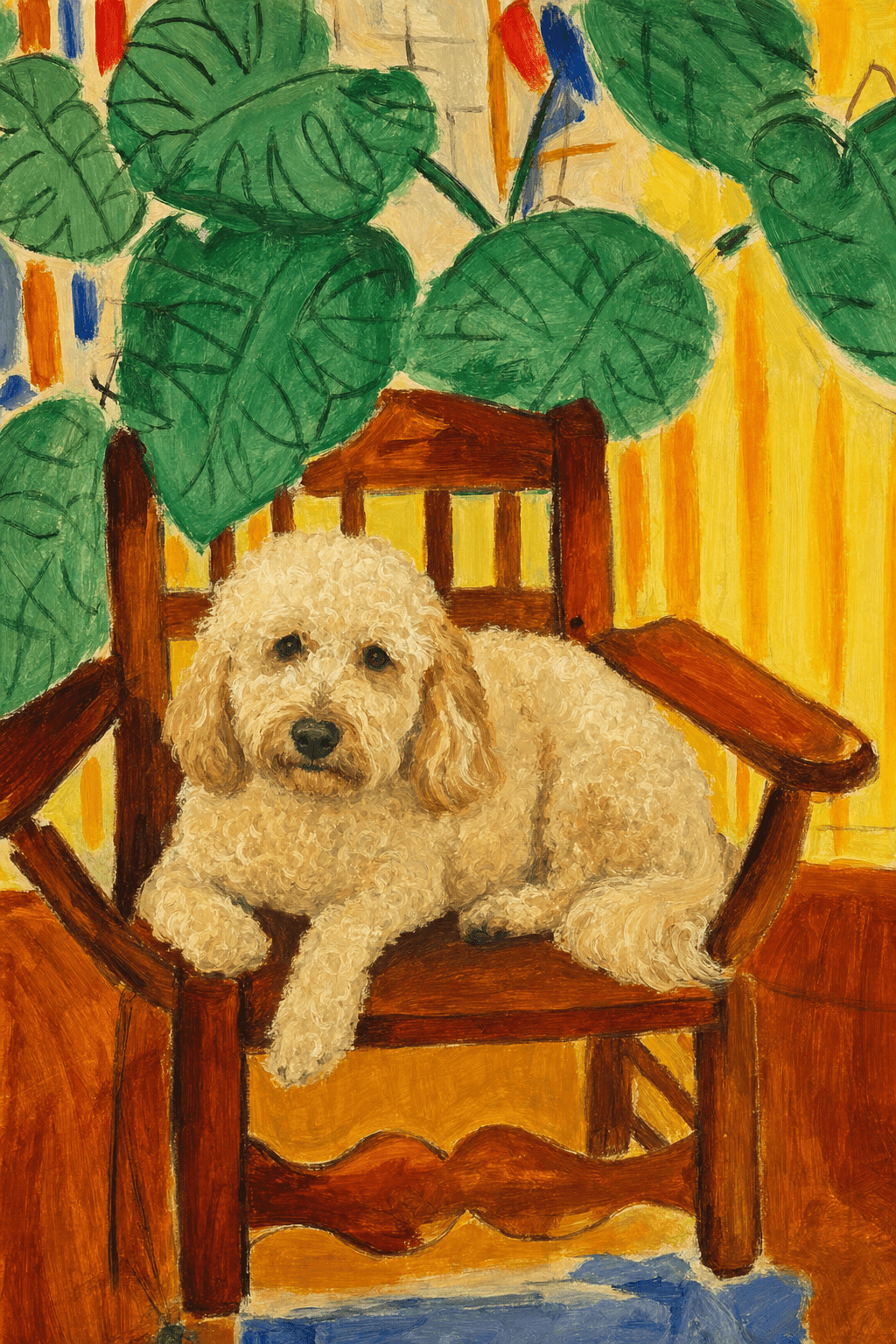 A pet sitting on a brown chair, looking at the viewer. Colors are applied with minimal blending, creating a flat, illustrative feel. The brushwork is broad, rapid, and direct. Strokes are loose, visible, applied thinly, defining the forms quickly without building up significant physical texture or impasto on the surface.