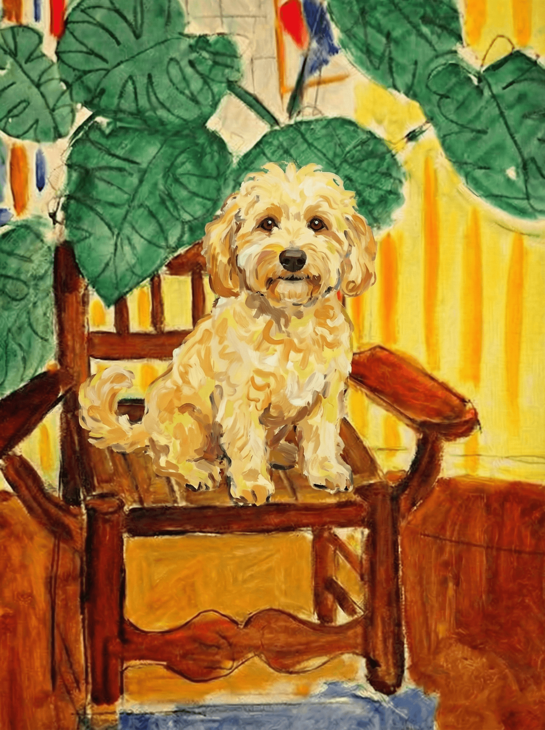 A pet sitting on a brown chair, looking at the viewer. Colors are applied with minimal blending, creating a flat, illustrative feel. The brushwork is broad, rapid, and direct. Strokes are loose, visible, applied thinly, defining the forms quickly without building up significant physical texture or impasto on the surface.