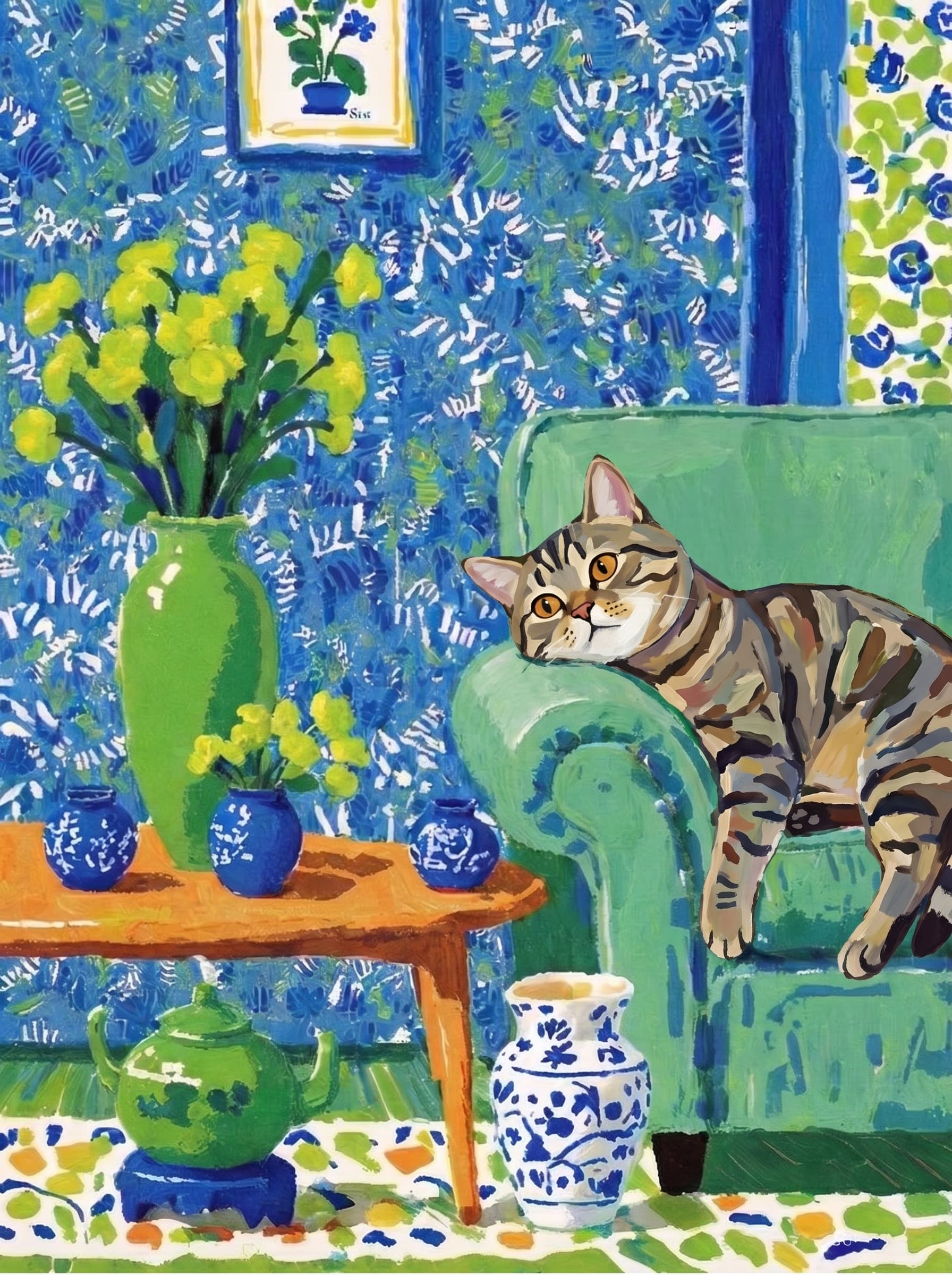 A pet lazy lying on the couch, with head tilt on the edge of couch, eye looking at the the vase. Art Style: Paint in Fauvism, post-impressionism style. Use simplified shapes, exaggerates color, and flattens perspective to create charm and personality.
Use saturated, non-naturalistic colors and flattened perspective reminiscent of Henri Matisse.
The brushwork is loose, visible, and painterly, with uneven strokes that give the surface texture and movement.
Paint with large areas of flat color patches, simplified shapes, bold decorative outlines, and minimal blending.
The composition is flattened and slightly distorted, with compressed perspective.
The painting is expressive, utilizing thick, confident strokes and quick, rhythmic marks that prioritize texture and visual energy over realistic blending or depth.
