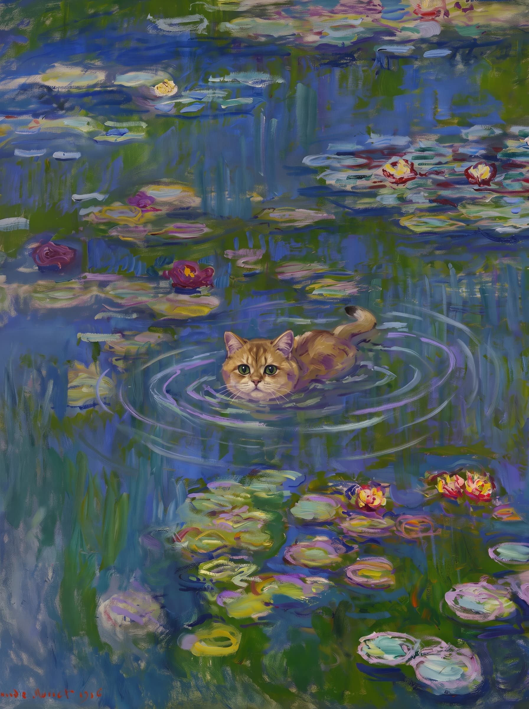 The pet should appear naturally integrated into the middle of the pond, swimming calmly through the water with only its head, upper neck, and a subtle suggestion of its back visible above the surface.
      The pet should be facing forward and looking directly at the viewer. Its wet fur should be suggested through painterly strokes.
      Blend the pet into the scene using Monet-like impressionist oil painting techniques: visible layered brushstrokes, soft broken color, blue-green reflections, violet shadows, golden-orange highlights, and shimmering ripples around the pet. 
      The water should partially obscure the pet’s body, with delicate circular ripples spreading outward. Nearby lily pads and water lilies should remain undisturbed but subtly interact with the ripples.
      The pet must feel like it was originally painted into the artwork, not pasted on top. Match the atmospheric softness, painterly texture, scale, perspective, and color harmony of the original Water Lilies painting. 
      Avoid photorealism, sharp outlines, modern digital effects, or excessive detail. The final image should look like a whimsical impressionist oil painting in the spirit of late Monet, with the pet quietly swimming among the lily pads at the center of the pond.
      Art Style: Paint in Fauvism, post-impressionism style. Use simplified shapes, exaggerates color, and flattens perspective to create charm and personality.
Use saturated, non-naturalistic colors and flattened perspective reminiscent of Henri Matisse.
The brushwork is loose, visible, and painterly, with uneven strokes that give the surface texture and movement.
Paint with large areas of flat color patches, simplified shapes, bold decorative outlines, and minimal blending.
The composition is flattened and slightly distorted, with compressed perspective.
The painting is expressive, utilizing thick, confident strokes and quick, rhythmic marks that prioritize texture and visual energy over realistic blending or depth.