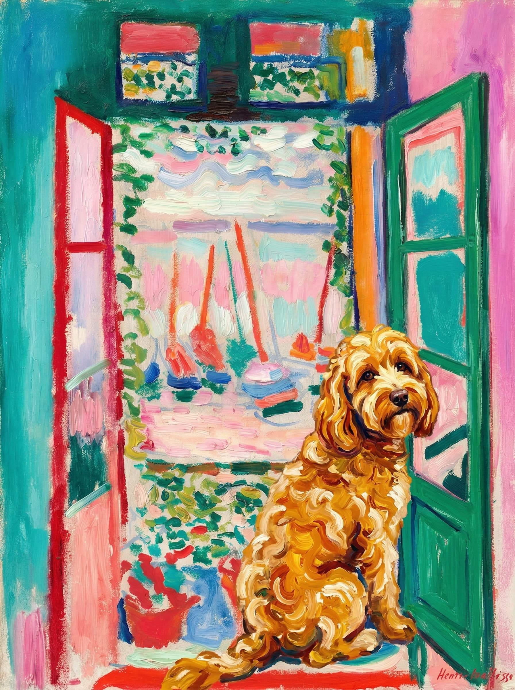 A pet sitting on the right bottom frame of an open door, with its back to the opening while facing the room, looking at the viewer, slight leaning on the right-side door panel. Paint in post-impressionism style. Use loosely painted, vibrantly colored, stylized, vertical painting.