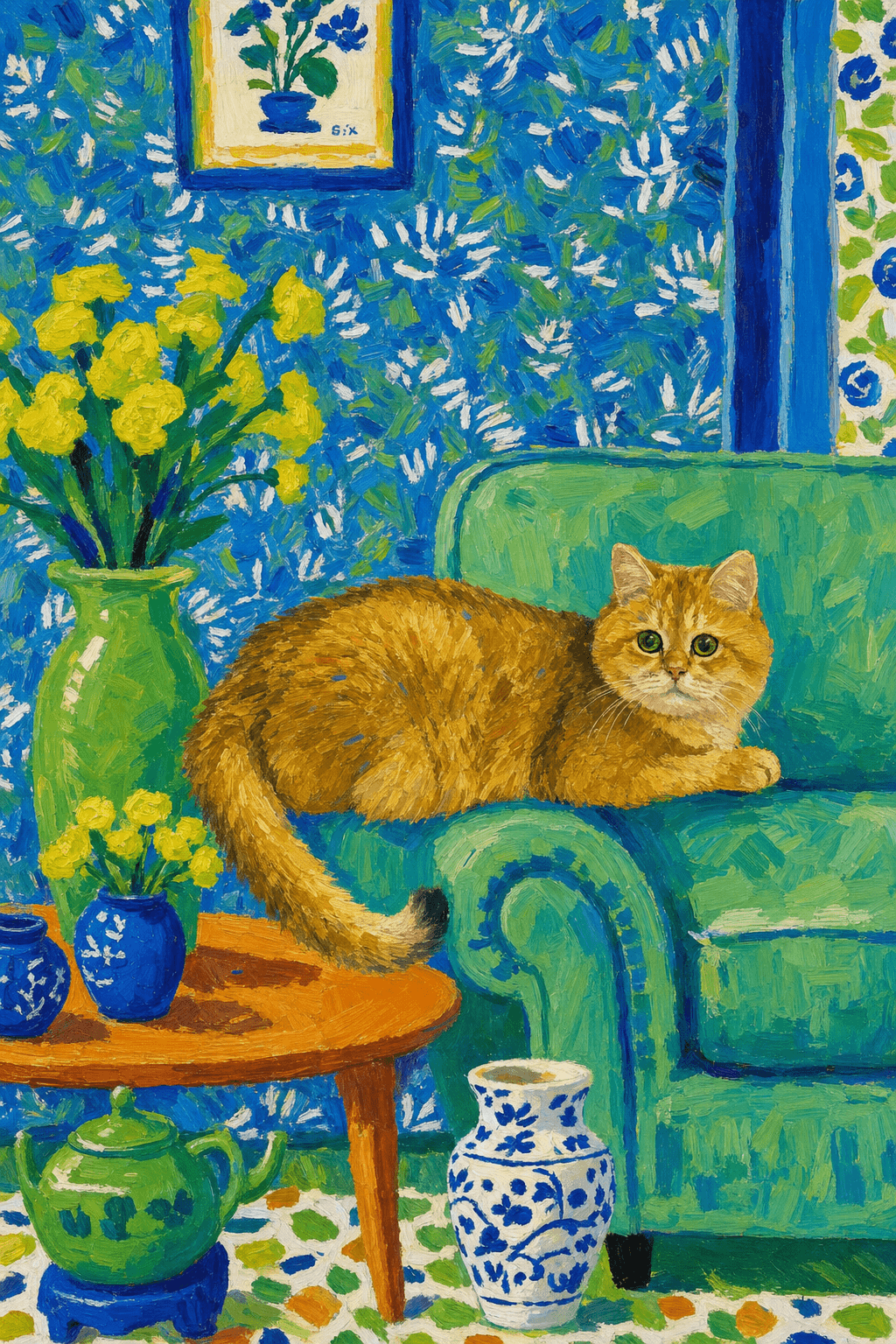 A pet lazy lying on the couch, with head tilt on the edge of couch, eye looking at the the vase. paint in post-impressionism style. Use saturated, non-naturalistic colors and flattened perspective reminiscent of Henri Matisse. painterly and expressive, utilizing thick, confident strokes and quick, rhythmic marks that prioritize texture and visual energy over realistic blending or depth.
