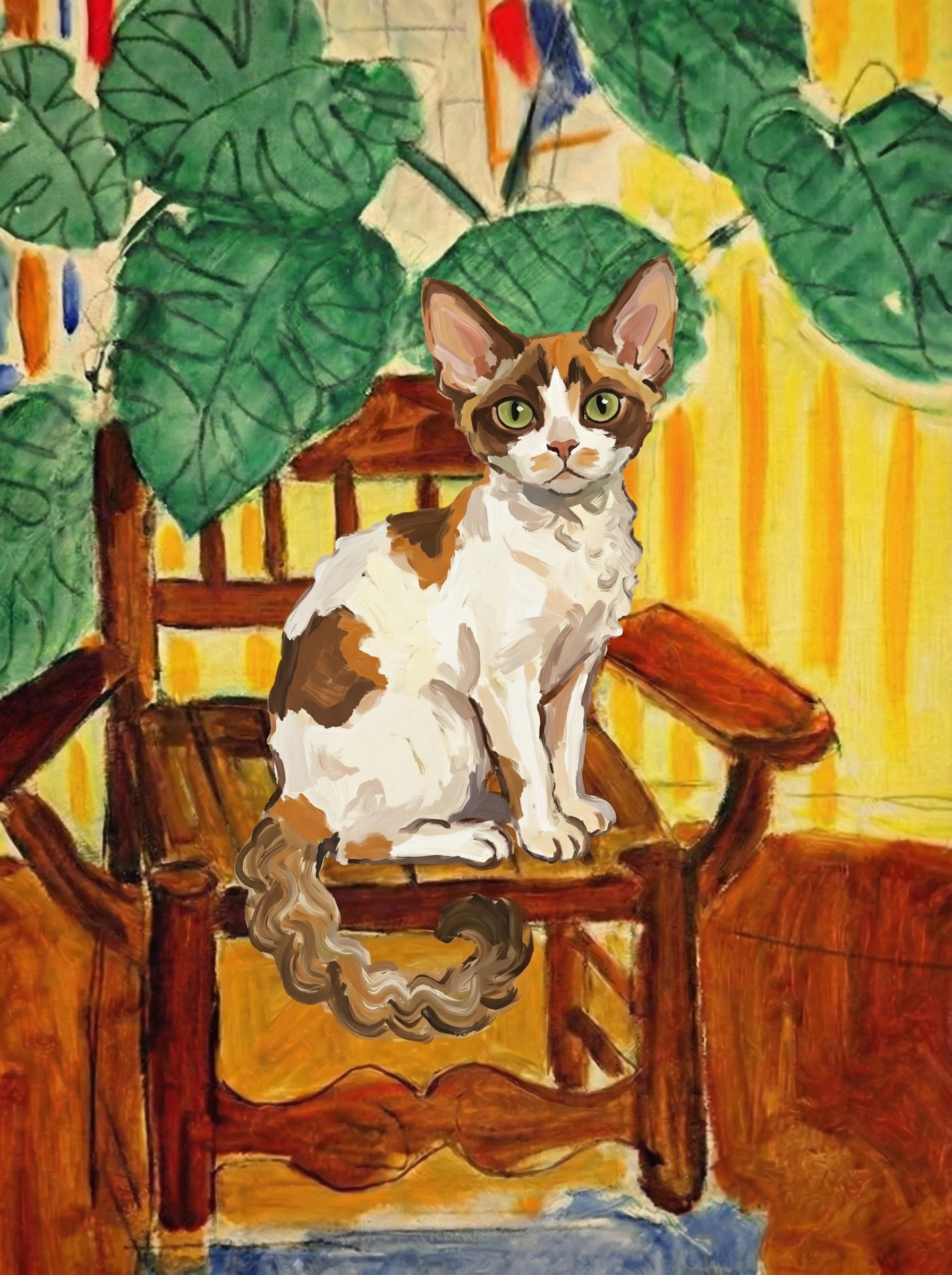 A pet sitting on a brown chair, looking at the viewer. Colors are applied with minimal blending, creating a flat, illustrative feel. The brushwork is broad, rapid, and direct. Strokes are loose, visible, applied thinly, defining the forms quickly without building up significant physical texture or impasto on the surface.