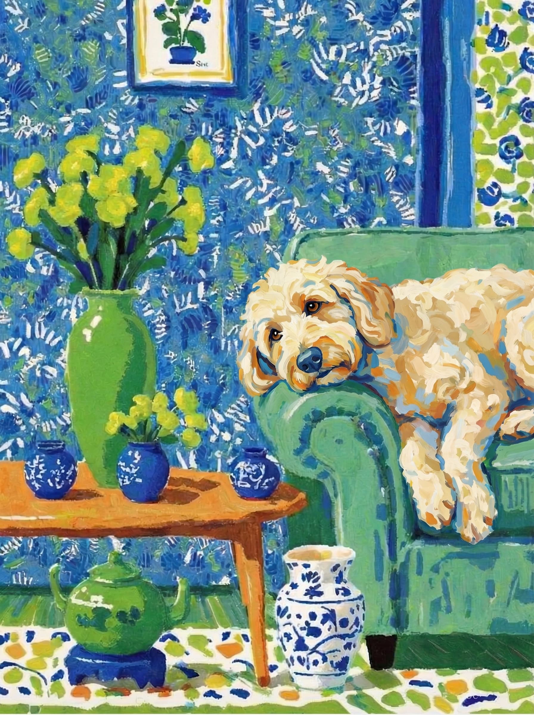 A pet lazy lying on the couch, with head tilt on the edge of couch, eye looking at the the vase. paint in post-impressionism style. Use saturated, non-naturalistic colors and flattened perspective reminiscent of Henri Matisse. painterly and expressive, utilizing thick, confident strokes and quick, rhythmic marks that prioritize texture and visual energy over realistic blending or depth.