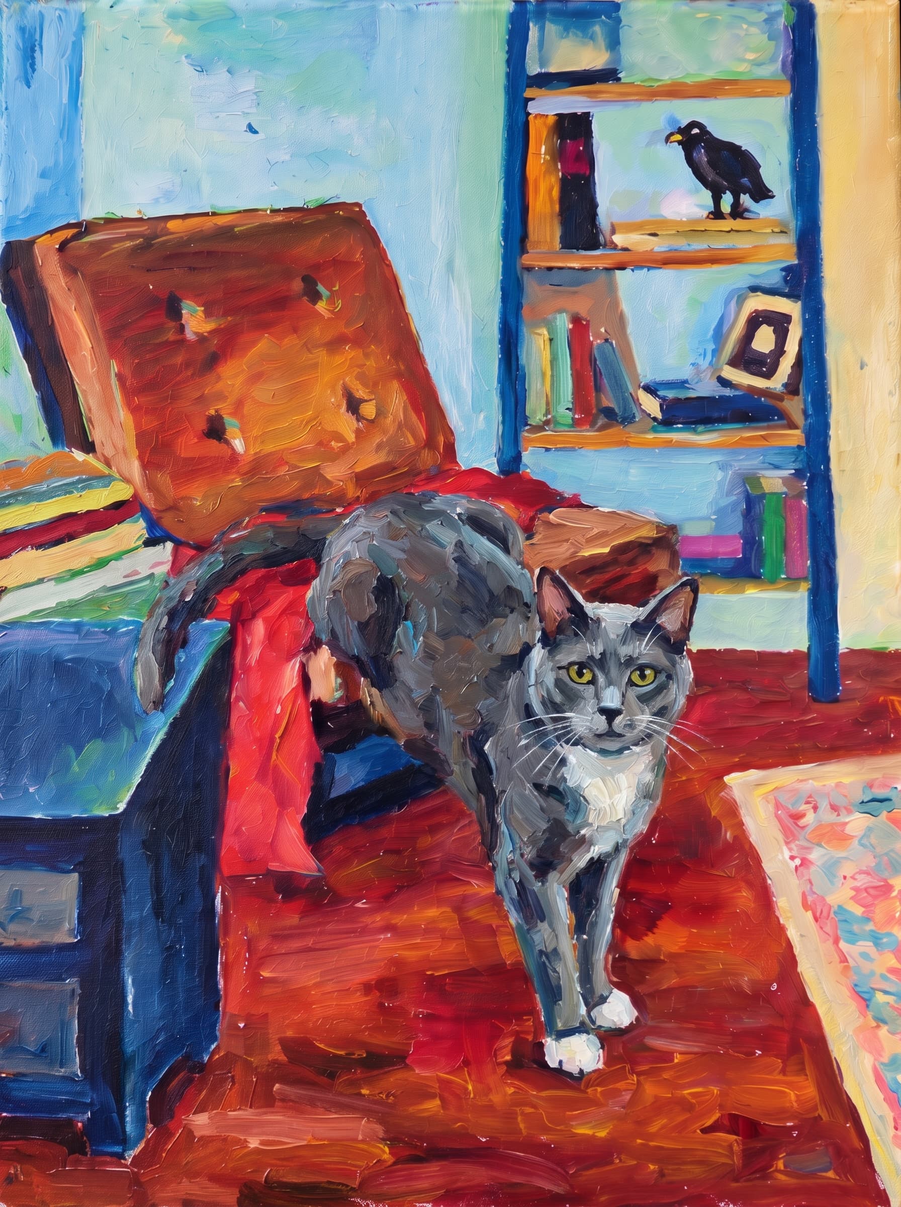 An oil painting in an Impressionist impasto style depicts a warm, cozy indoor space centered around a large, reclined armchair featuring a brown tufted cushion and a vivid red blanket draped across its seat.
      Behind the chair stands a rich blue bookshelf adorned with colorful books, a picture frame, and a dark bird figurine perched on the top shelf.
      To the left, a matching blue side table holds stacked books, while the room's floor glows in deep mahogany and amber hues alongside a patterned pastel rug.
      The vibrant composition is completed by a background of soft turquoise, sky blue, and buttery yellow wall tones, all rendered with thick, visible brushstrokes that lend a lively texture to the scene.
      The pet is standing upright on its two front legs, which rest on the dark reddish floor in the foreground. Its rear legs and body are elevated, resting on the seat of the brown reclined armchair, draped over the red blanket.
      Paint the pet with the same thick impasto brushstrokes and vivid palette as the rest of the painting.
